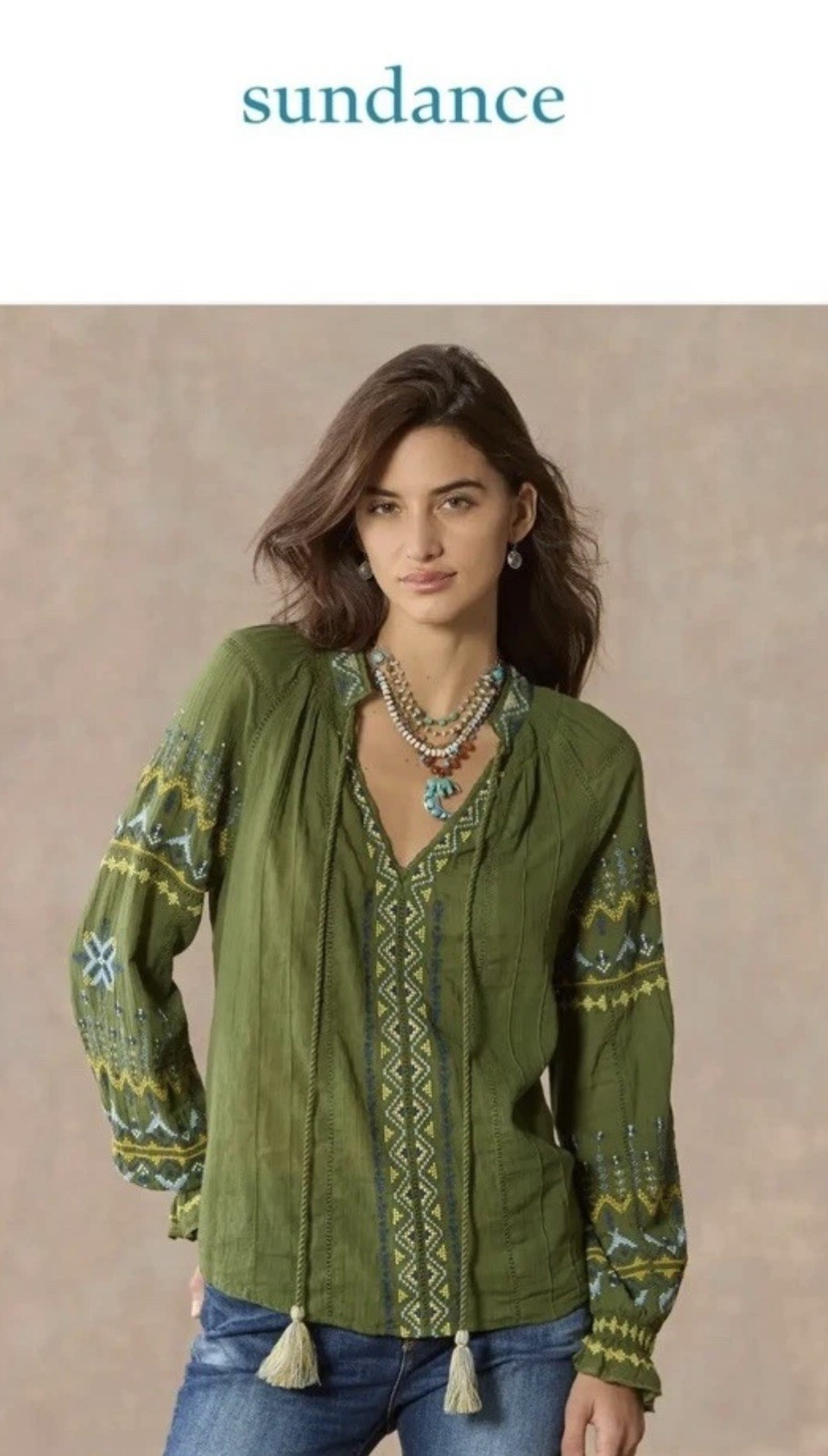 NEW SUNDANCE LIVING CATALOG Women’s Embroidered TOTORA Green Long Sleeve Top L