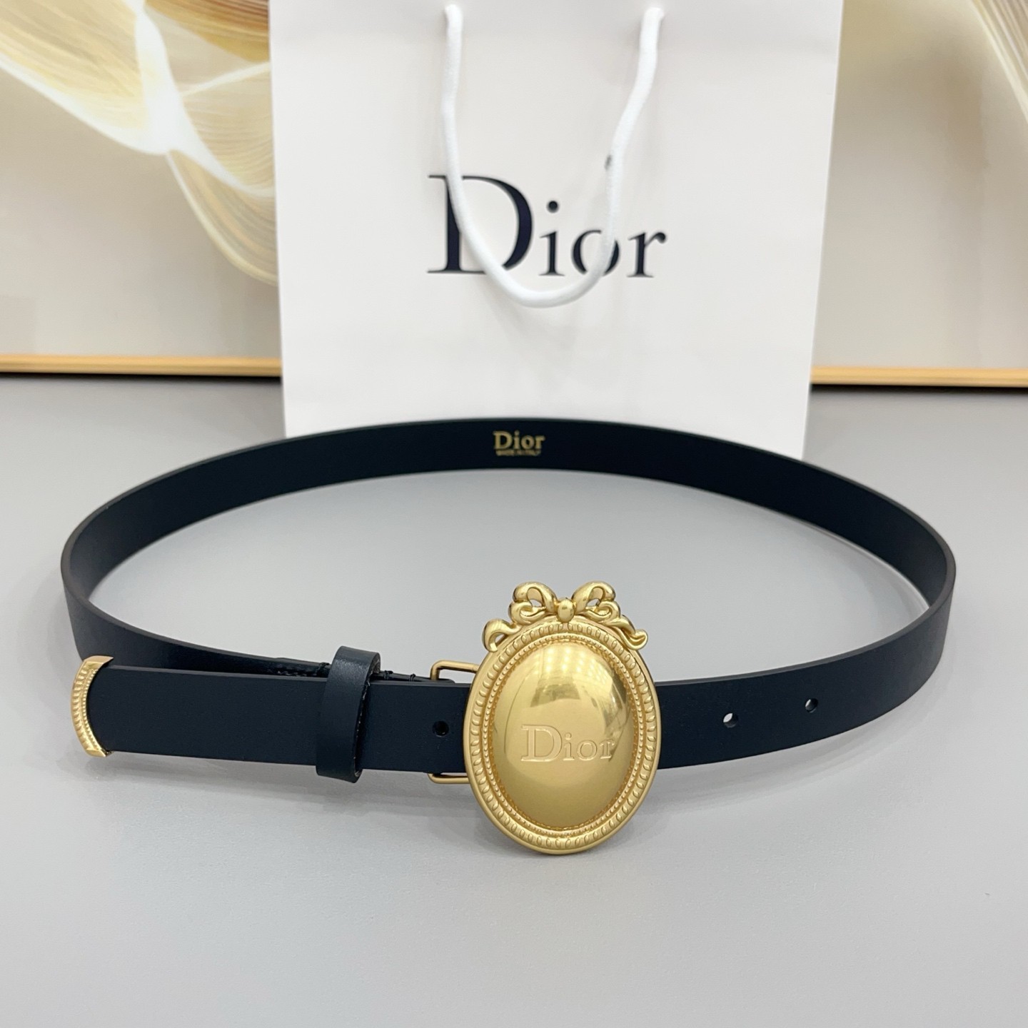 Dior Women\'s Black Leather Belt Gold Oval Logo Buckle Adjustable With Box.