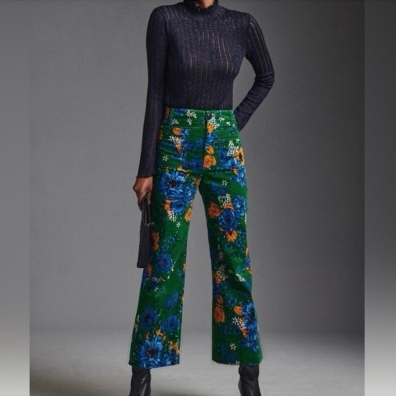 Maeve by Anthropologie The Colette Vibrant Green Corduroy Floral Print Size 28