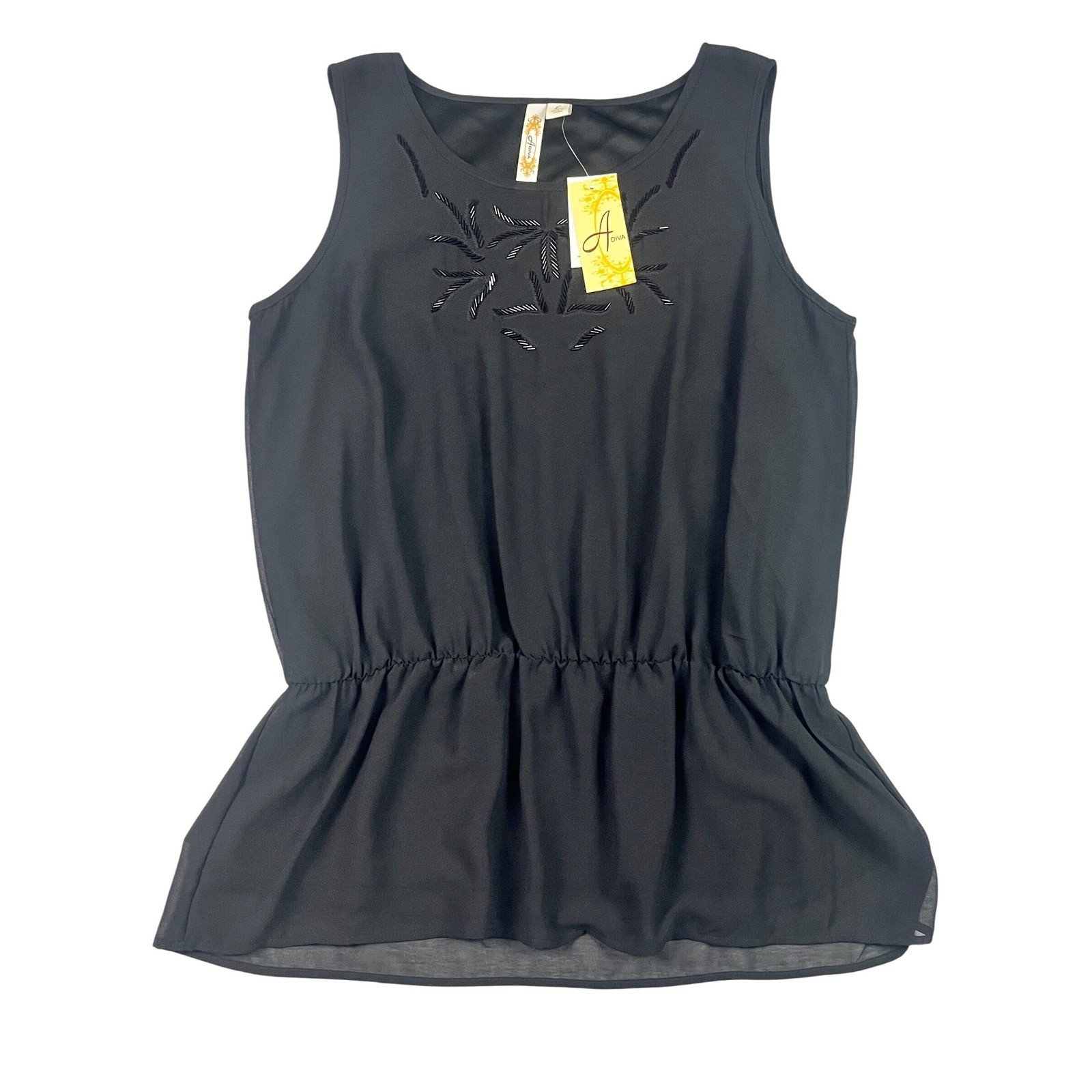 Adiva Black Beaded Sleeveless Peplum Blouse Top Large New Party Chic Minimalist