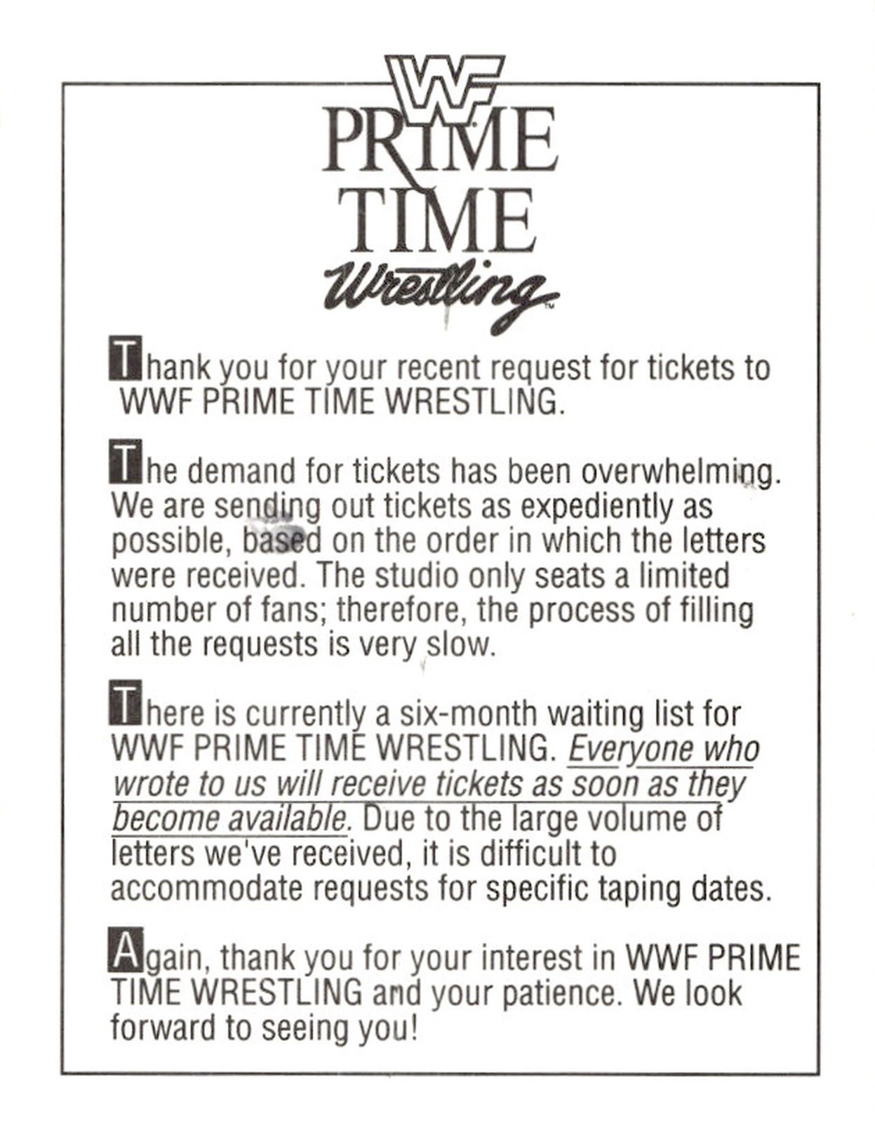 Original WWF Prime Time Wrestling 1991 TitanSports Studio Show Ticket Postcard Original WWF Prime Time Wrestling 1991 TitanSports Studio Show Ticket Postcard