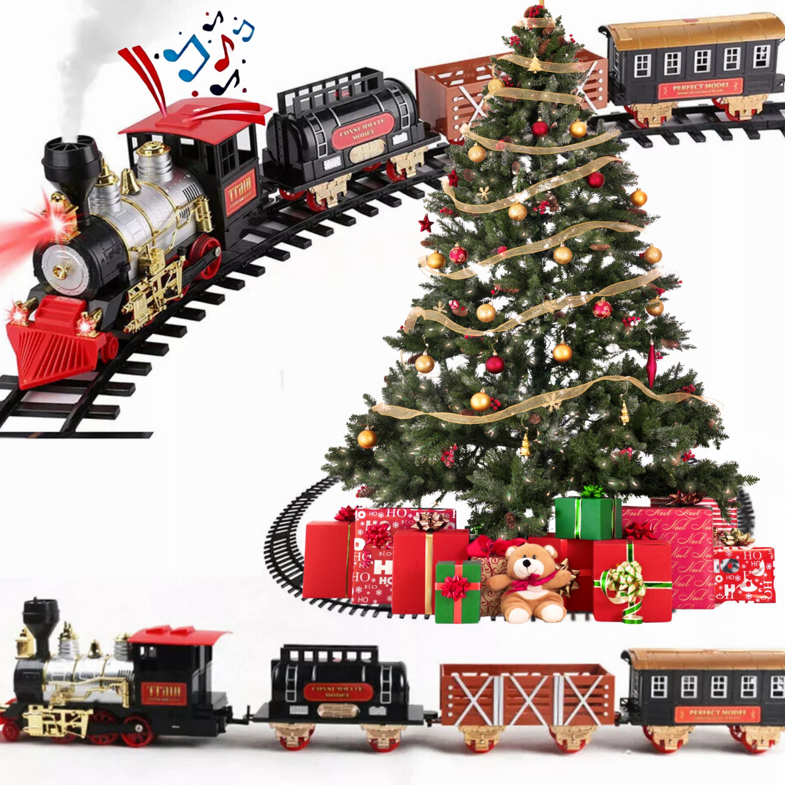 20PCS Big Electric Christmas Train Set w/ Smoke Light Sound Kids Toy Under Tree