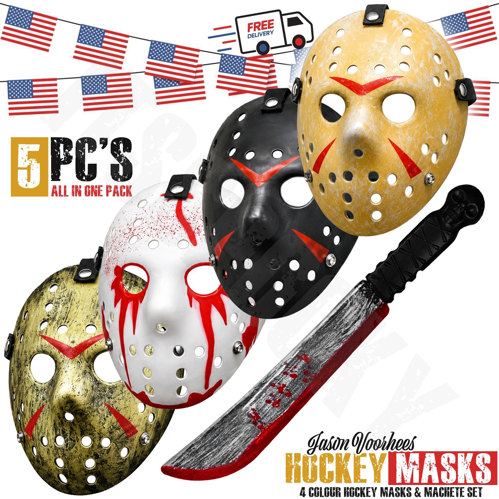 Jason Voorhees Mask & Machete All-In-One 4 Pack Masks & Bloody Machete Halloween