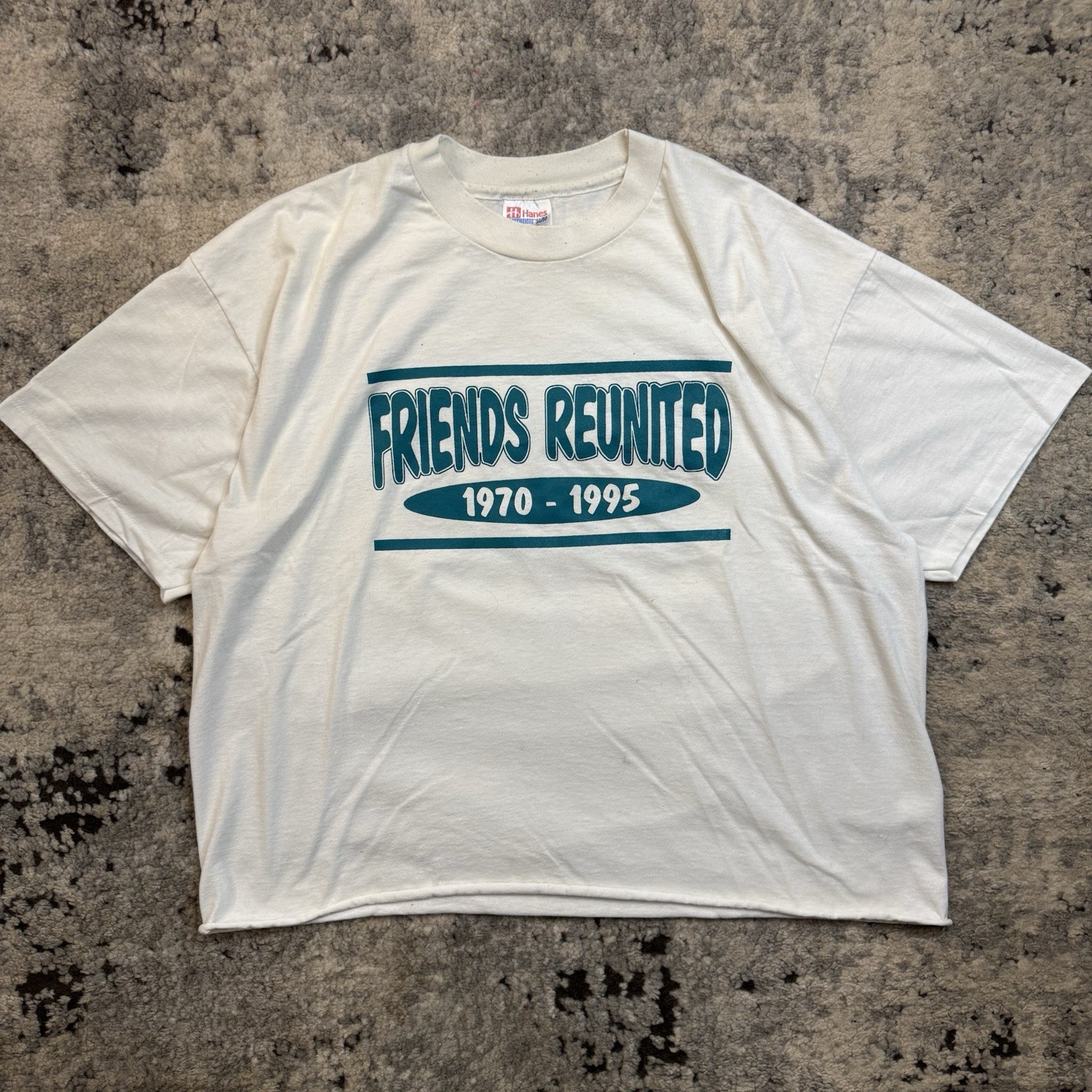 Vintage 90s Friends Reunited T-Shirt XL Hanes 50/50 Single Stitch Cropped Tee