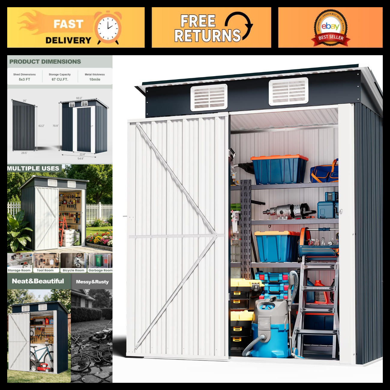 5x3 FT Lockable Metal Storage Shed - Galvanized Steel Tool Shed with Vents