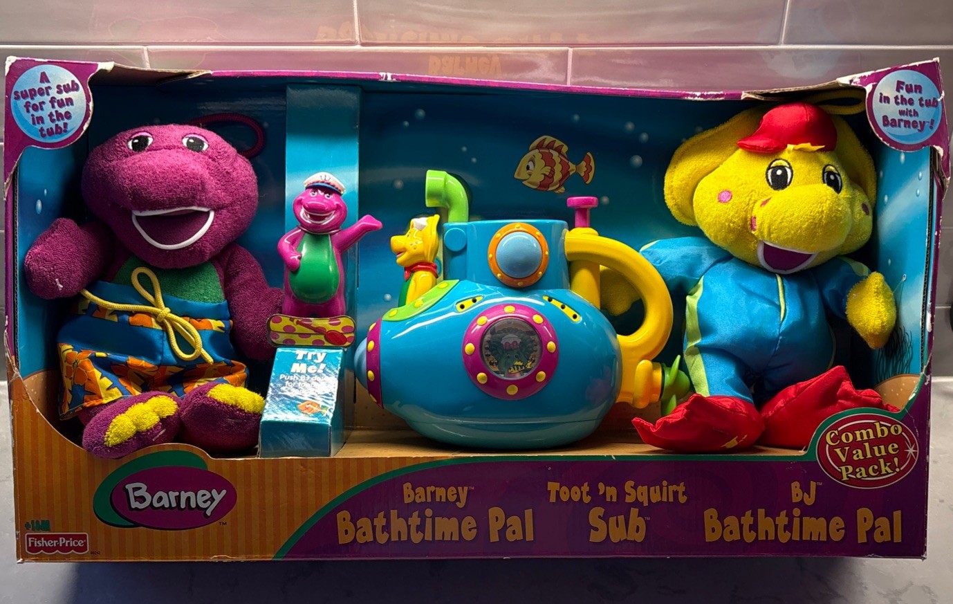 Barney Bathtime Pal Toot ‘n Squirt Sub BJ Bathtime Pal Combo Value Pack NEW