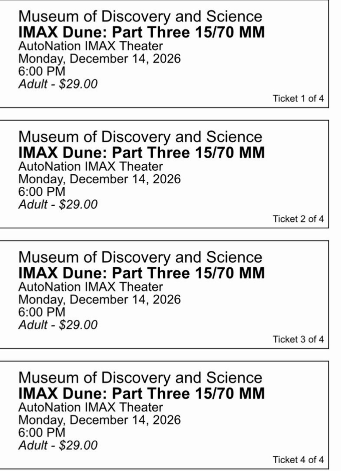 Dune Part Three IMAX 70mm Tickets Fort Lauderdale Insider Screening Dec 14 x4