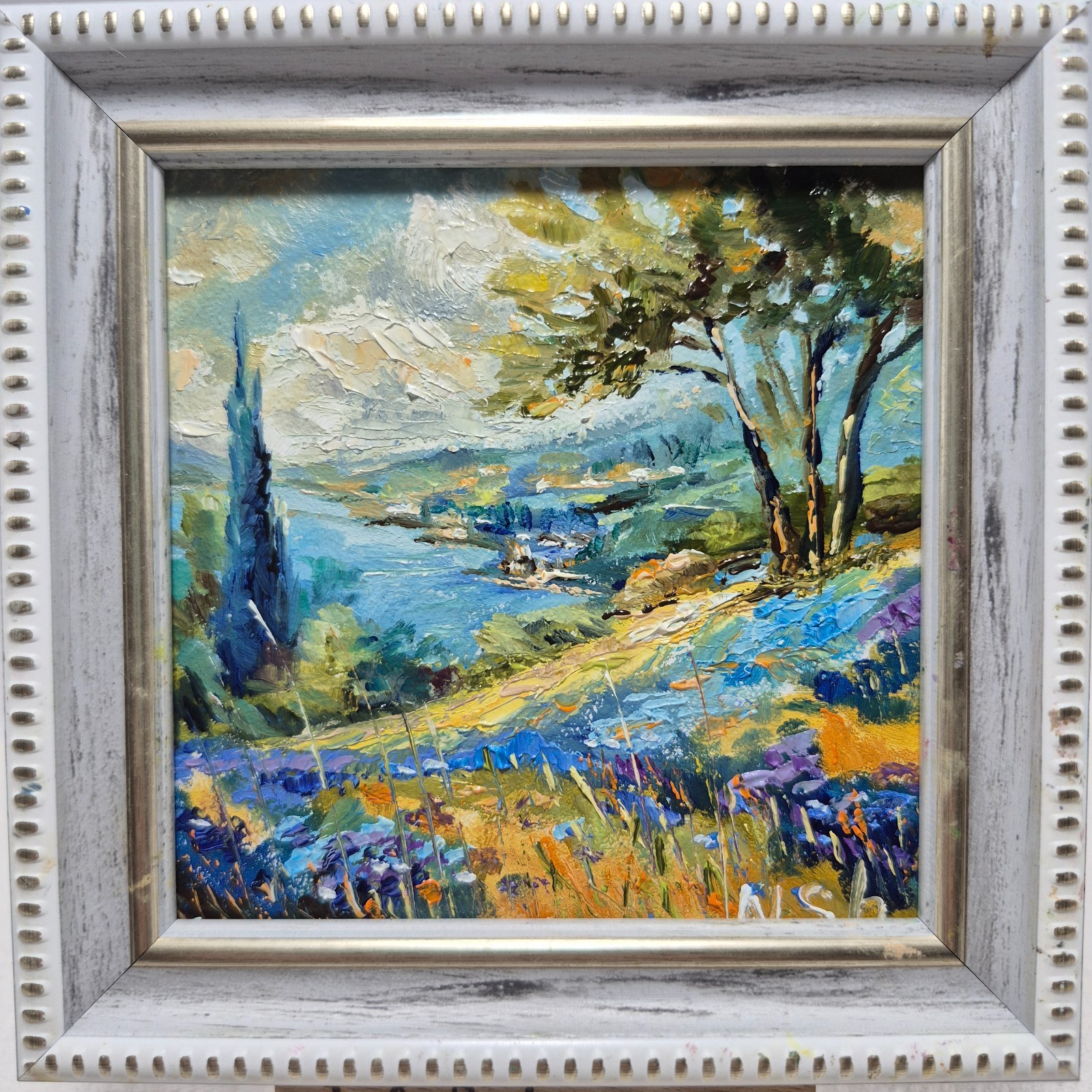 Original oil painting,signed,framed.Landscape with a river titled“Blue Distances