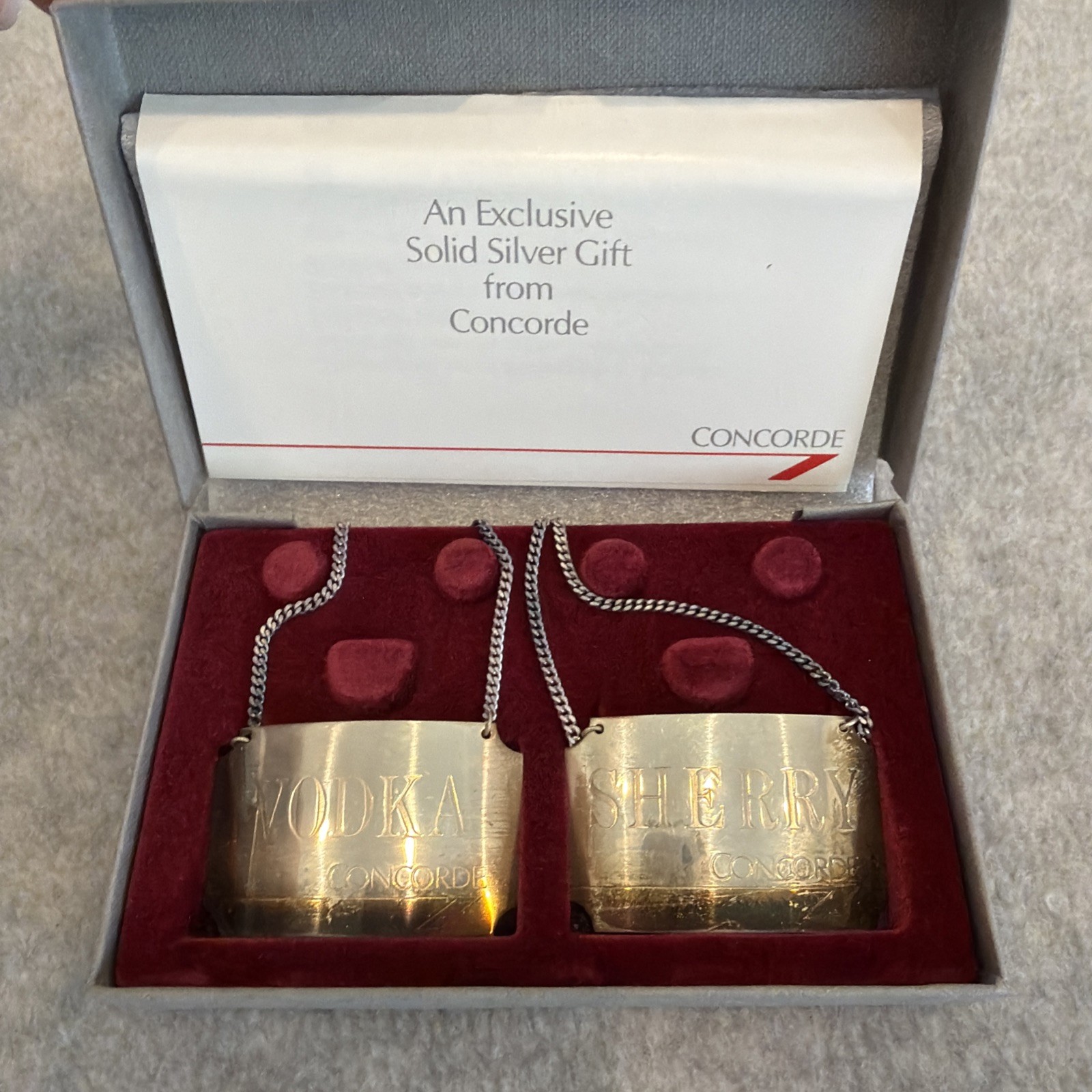 British Airways CONCORDE Jet Sterling Decanter Labels Set: Vodka and Sherry