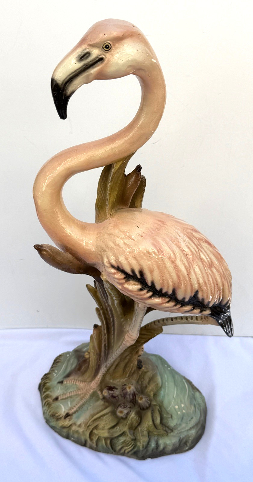 Vintage MCM Flamingo Figure Statue Hand Painted, Barbotine Style 