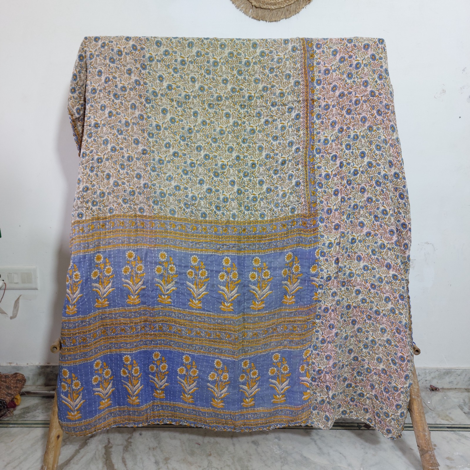 Vintage Floral Kantha Quilt Indian Handmade Cotton Bedding Bed Cover