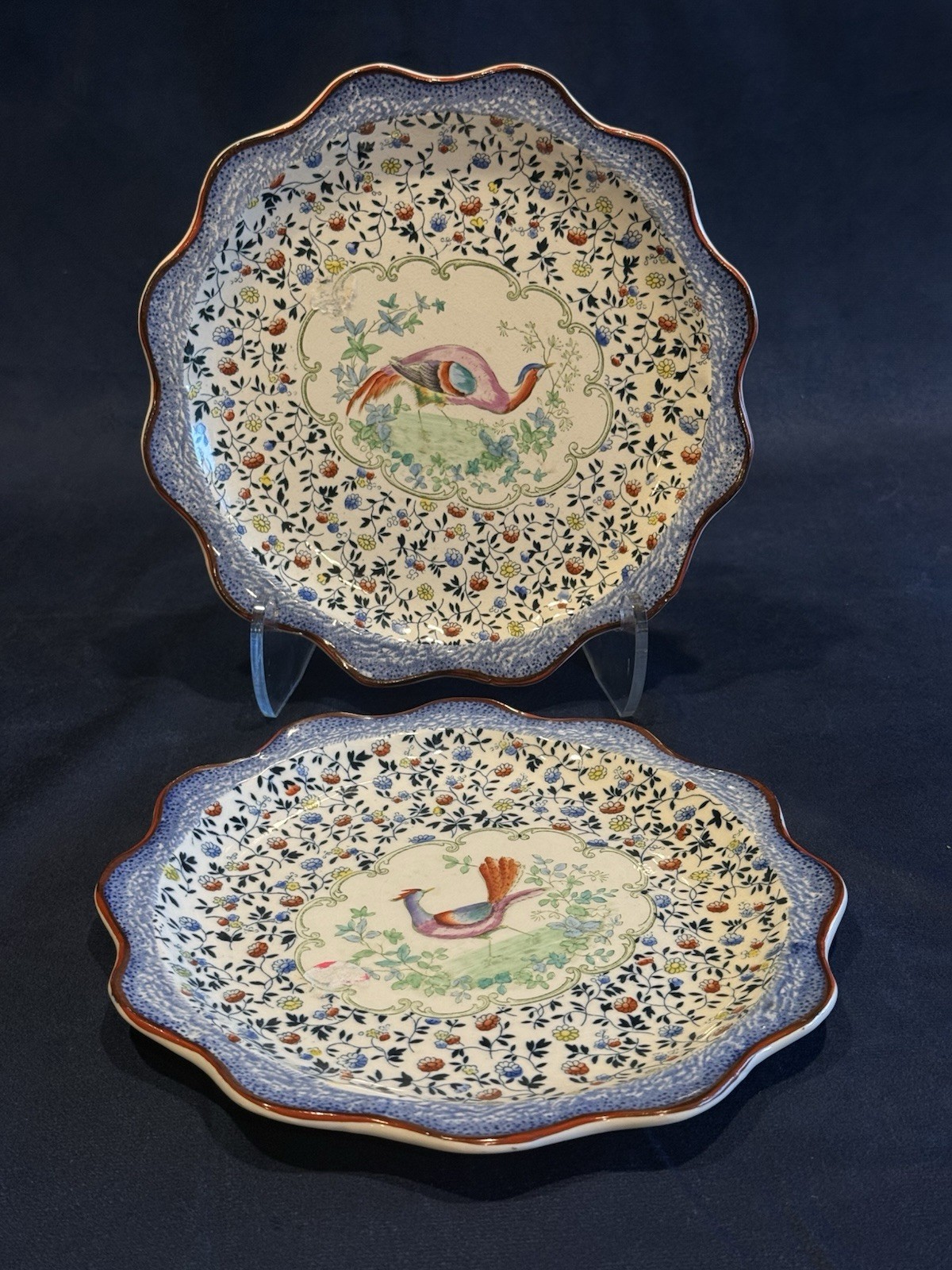 Antique 1928 Dunn Bennett Pheasant Cabinet Plates Pair English Pottery RARE Antique 1928 Dunn Bennett Pheasant Cabinet Plates Pair English Pottery RARE