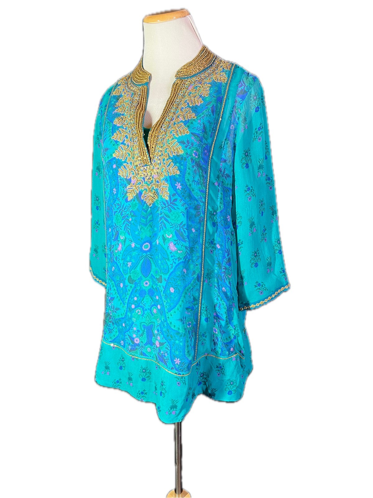 Soft Surroundings Size PS Chiffon Bronte Tunic Top Beaded Teal Floral