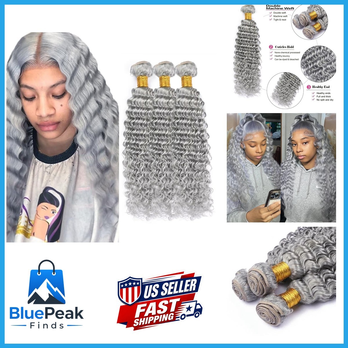 Leruikair Human Hair Bundles 24 26 28 Inch Sliver Grey Deep Wave Human Hair