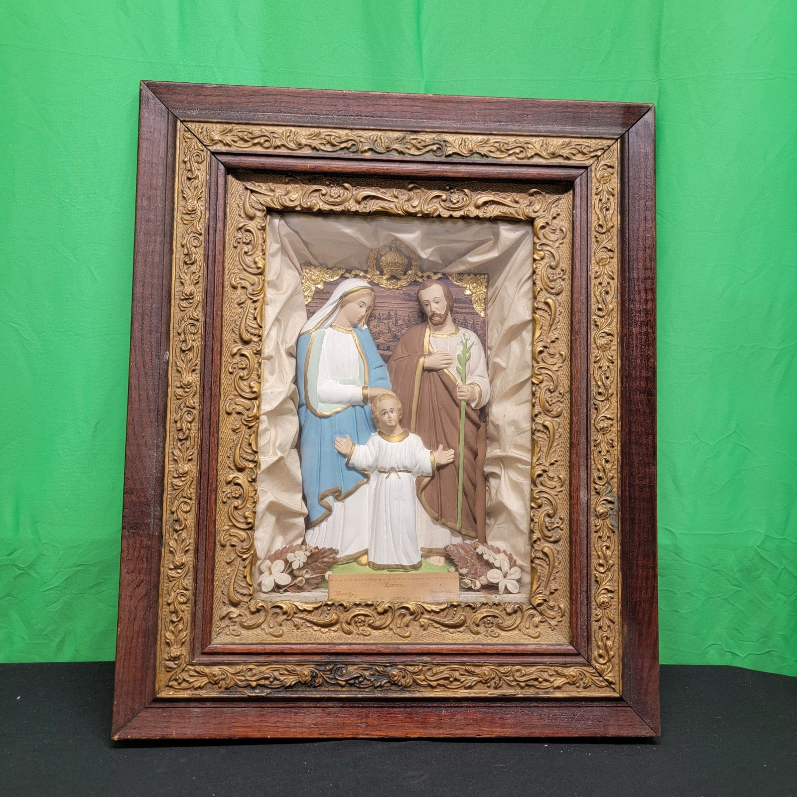 Antique 19th Century Catholic Religious Holy Family Shadow Box Sculpture Relief