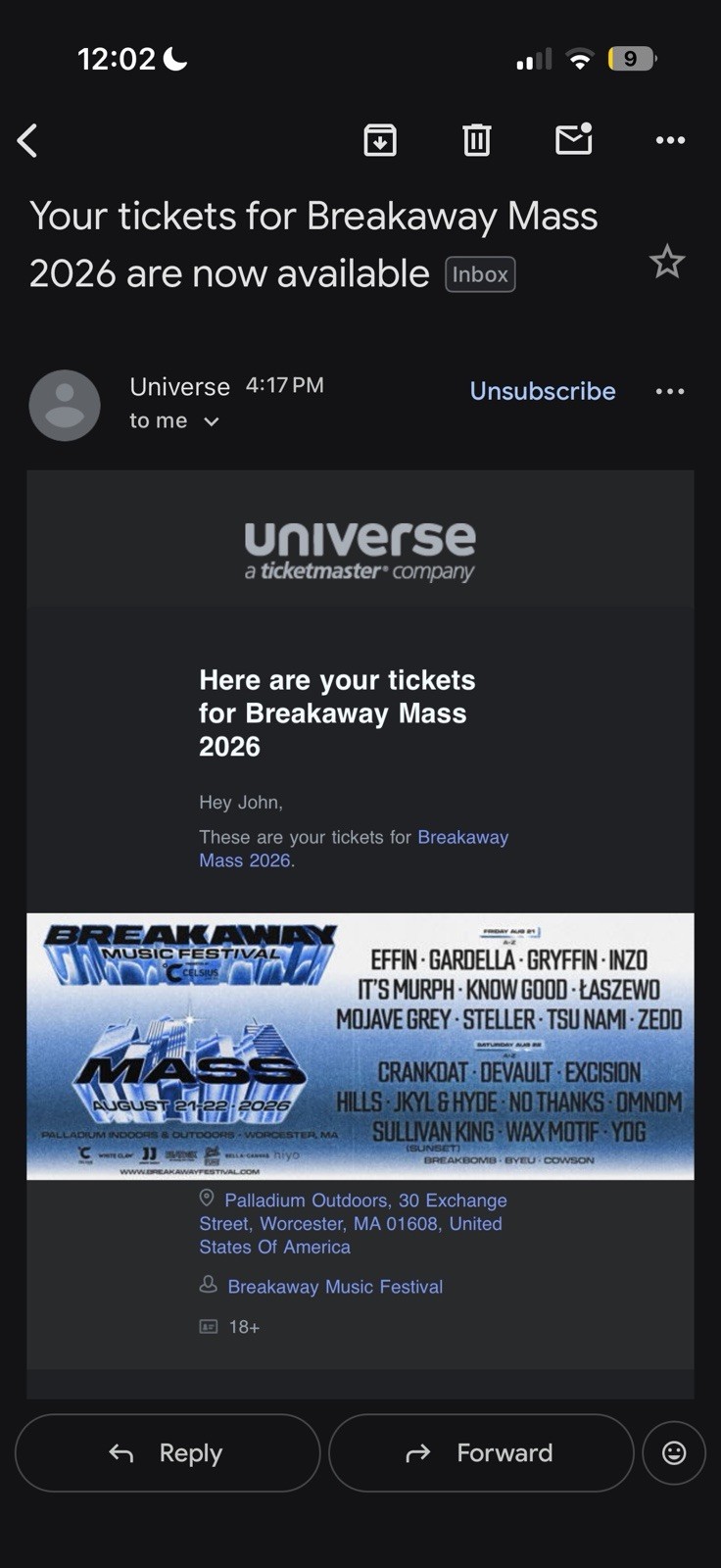 (2 tickets) Breakaway Mass 2026 2 Day GA tickets Aug 21-22, 2026 Worcester, MA (2 tickets) Breakaway Mass 2026 2 Day GA tickets Aug 21-22, 2026 Worcester, MA