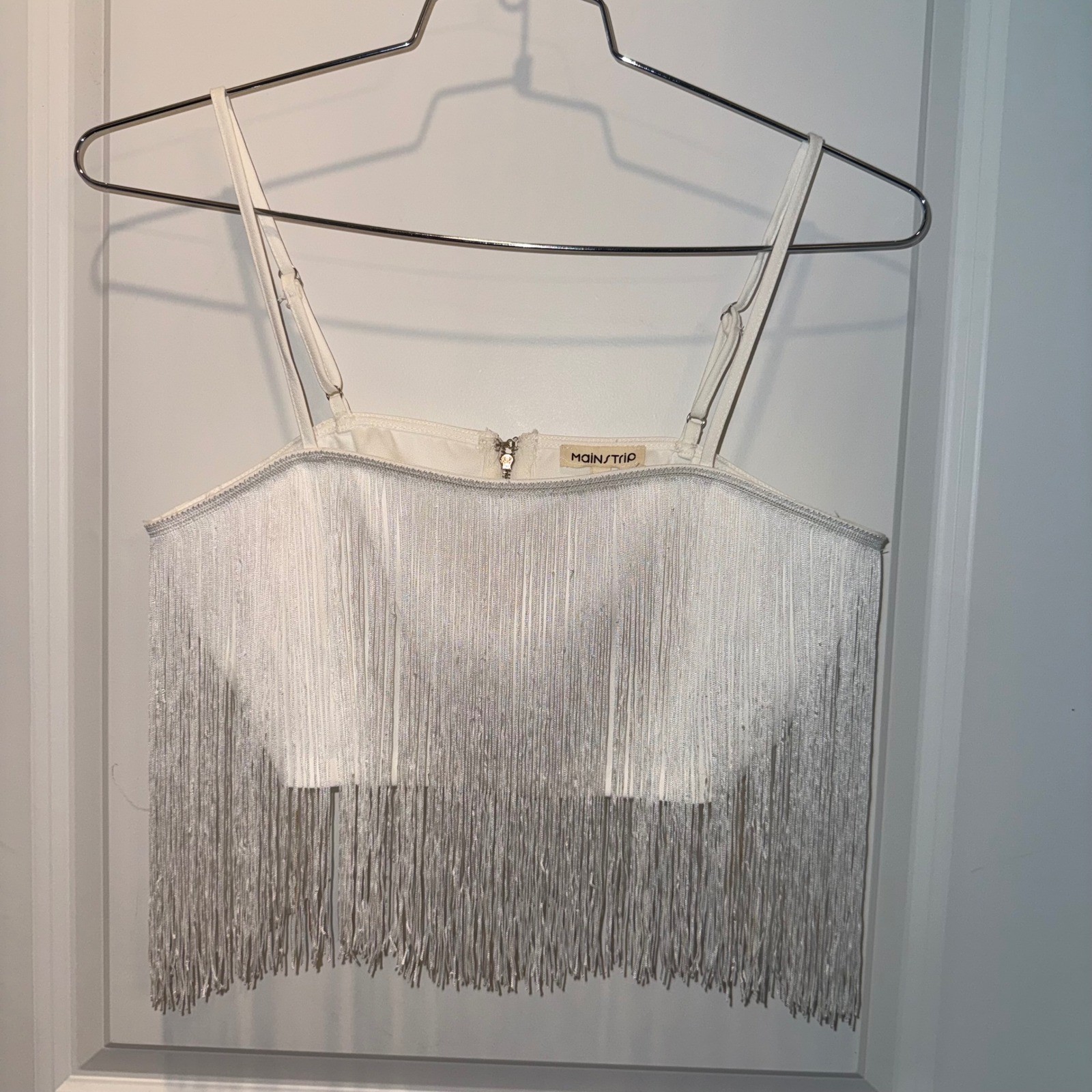 Main Strip Womens M Fringe Crop Top White Silver Western Rodeo Festival NWT Main Strip Womens M Fringe Crop Top White Silver Western Rodeo Festival NWT