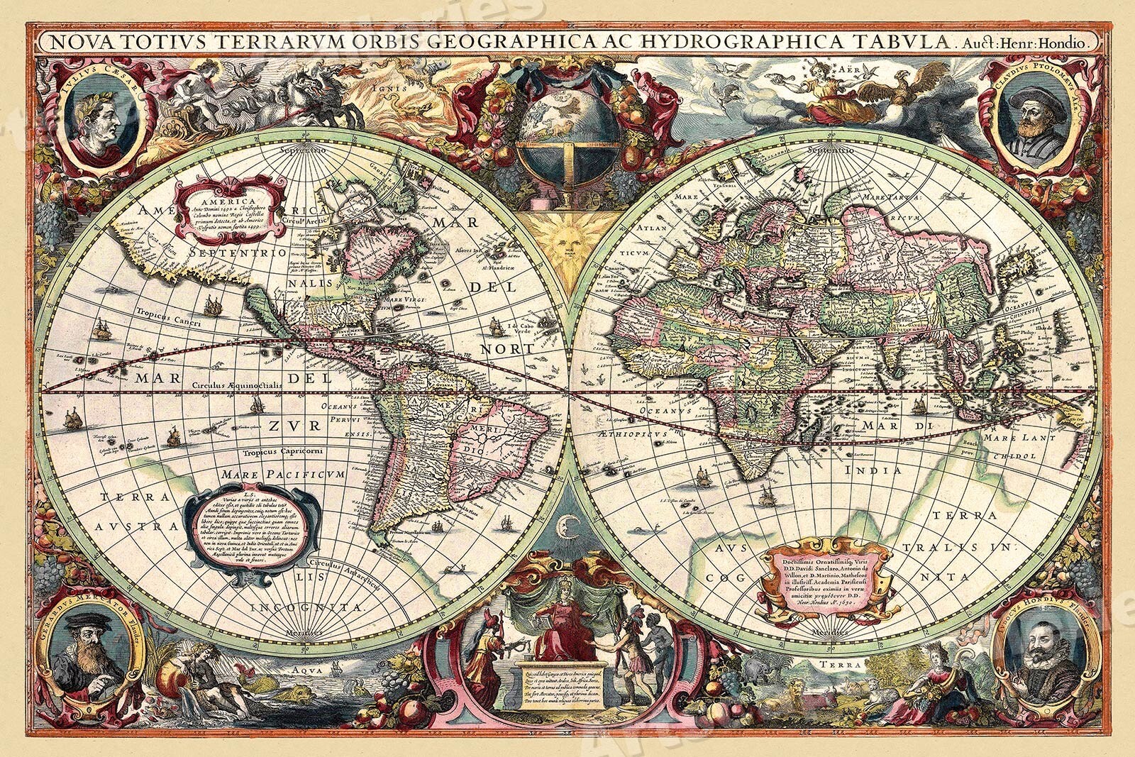 c1630\'s World Historic Map by Hendrik Hondius - 24x36