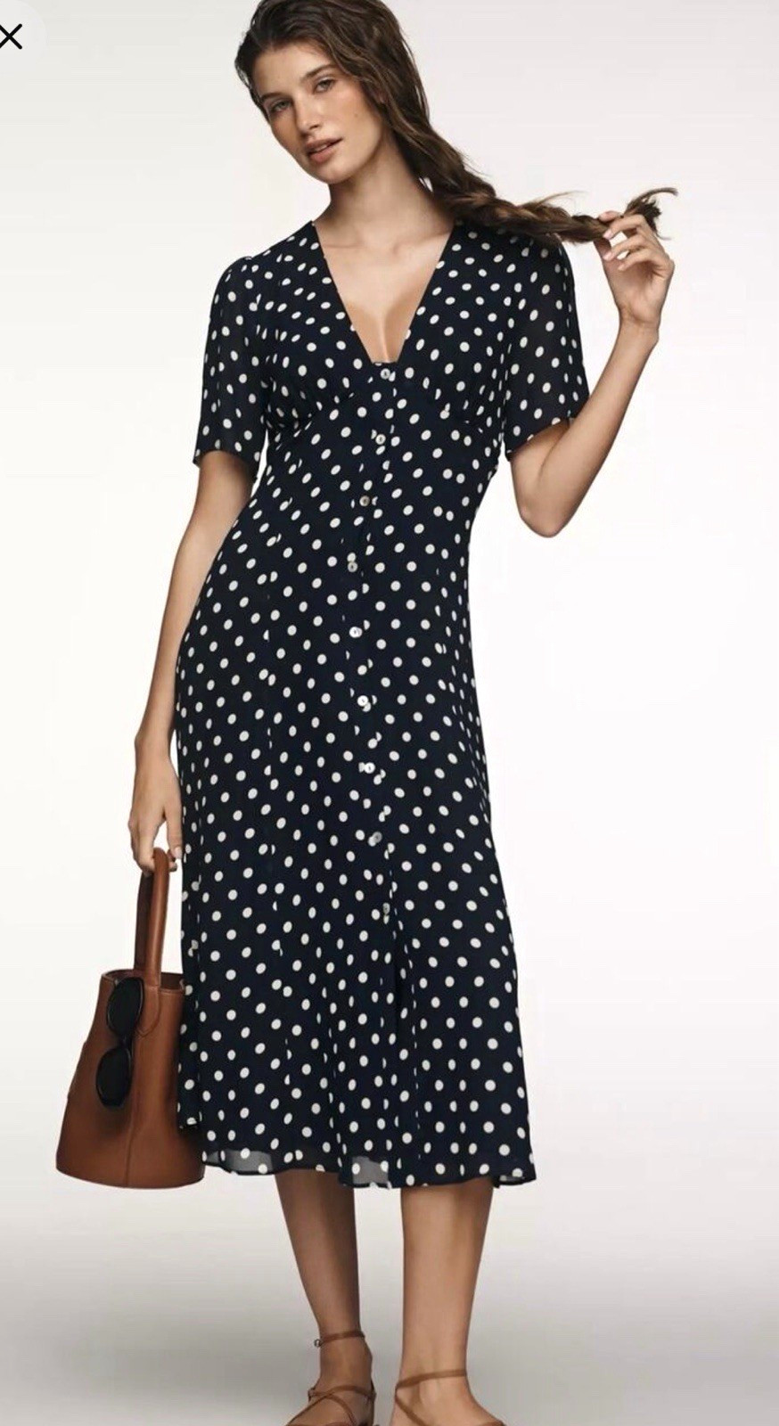 Reformation Navy/White Polka Dot V-Neck Button Front Belted Midi Dress 2 Reformation Navy/White Polka Dot V-Neck Button Front Belted Midi Dress 2