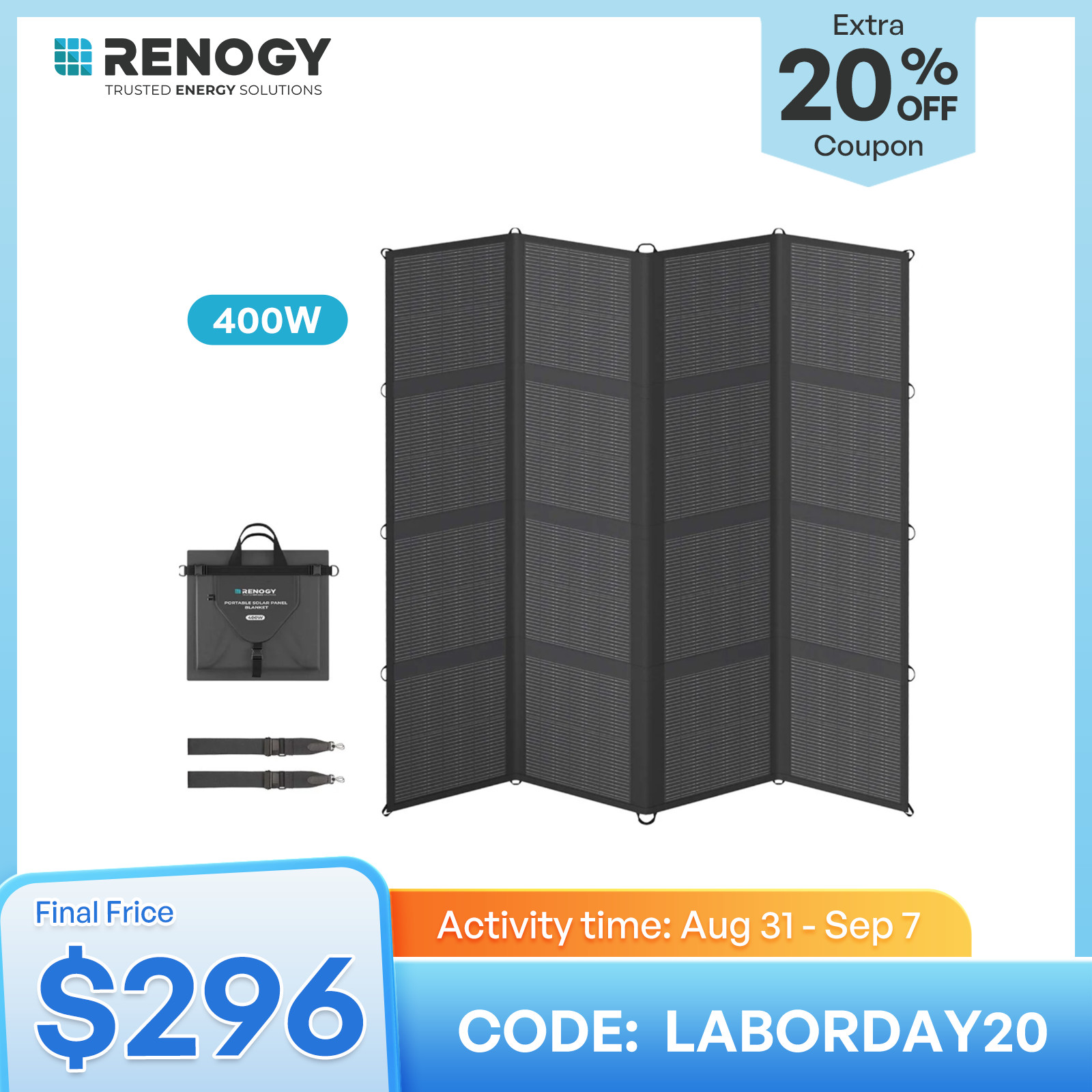 Renogy 400W Solar Panel Blanket Portable Solar Suitcase Foldable Solar Panel