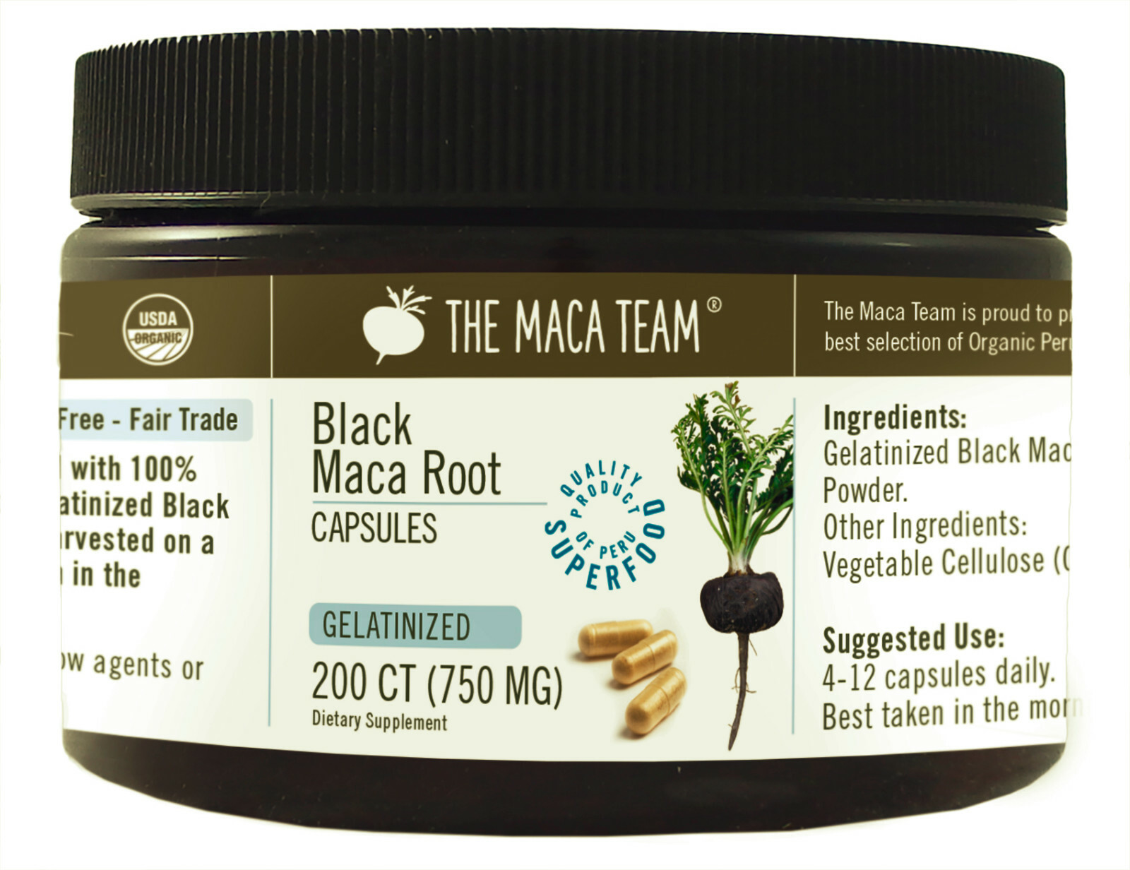 Gelatinized Black Maca Root Capsules - Certified Organic, Fresh Harvest GMO-Free