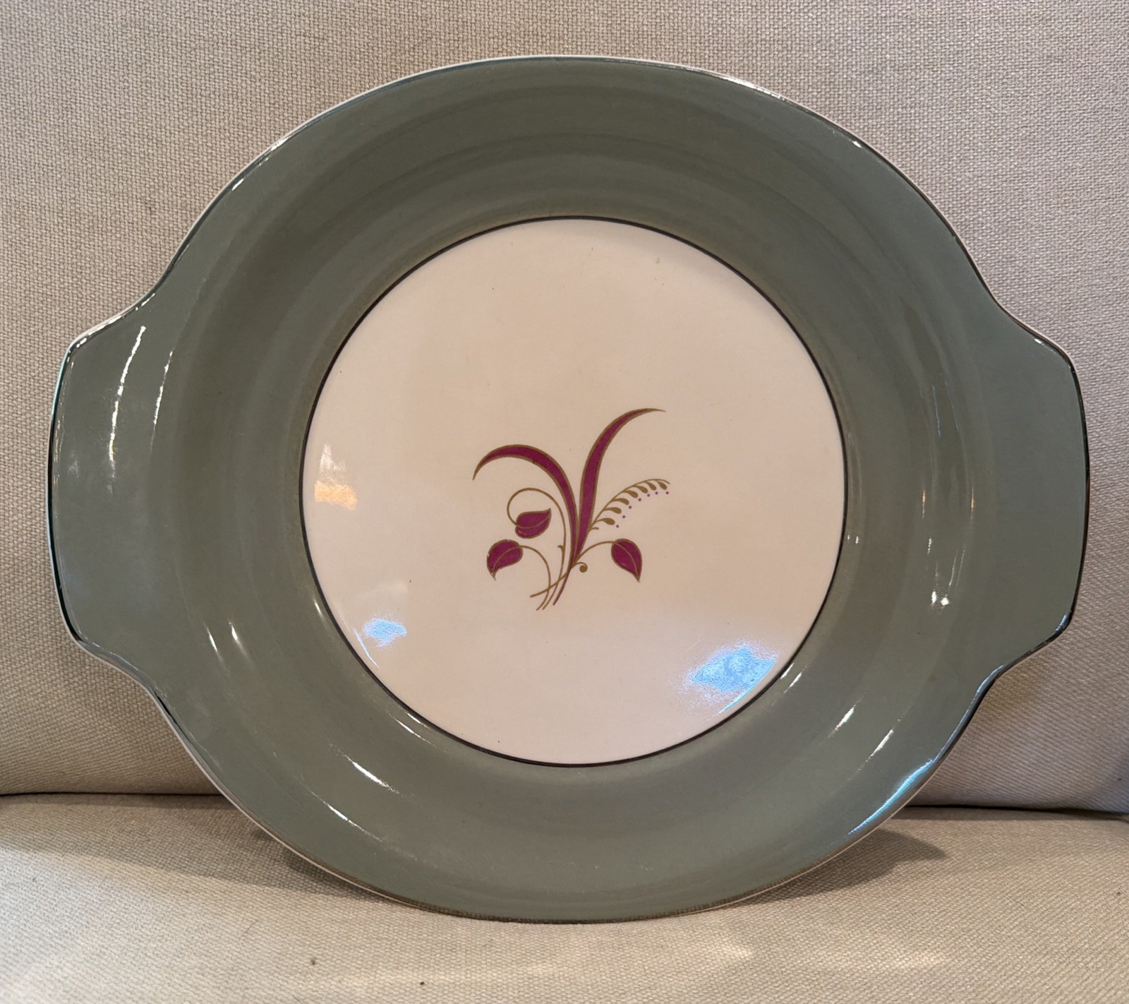 Vintage 1950s Harker Pottery Slender Leaf Platter Sage Green 22K Gold Rim