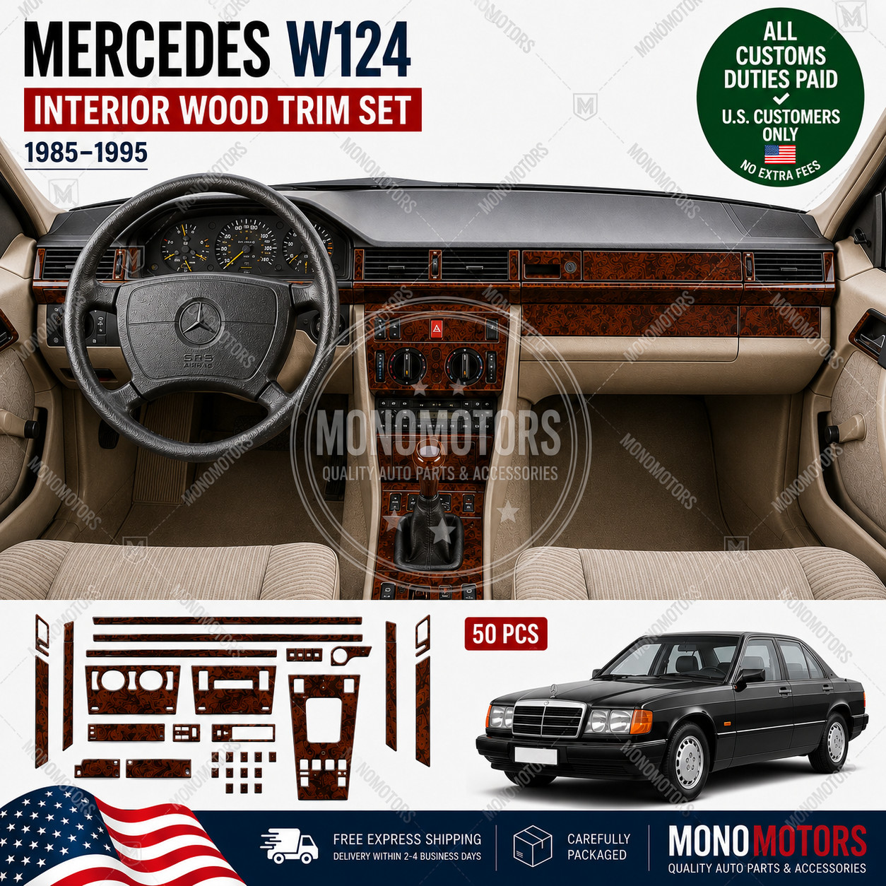 WOOD LOOK DASH TRIM KIT FOR MERCEDES W124 WALNUT SELF ADHESIVE 1985-1995