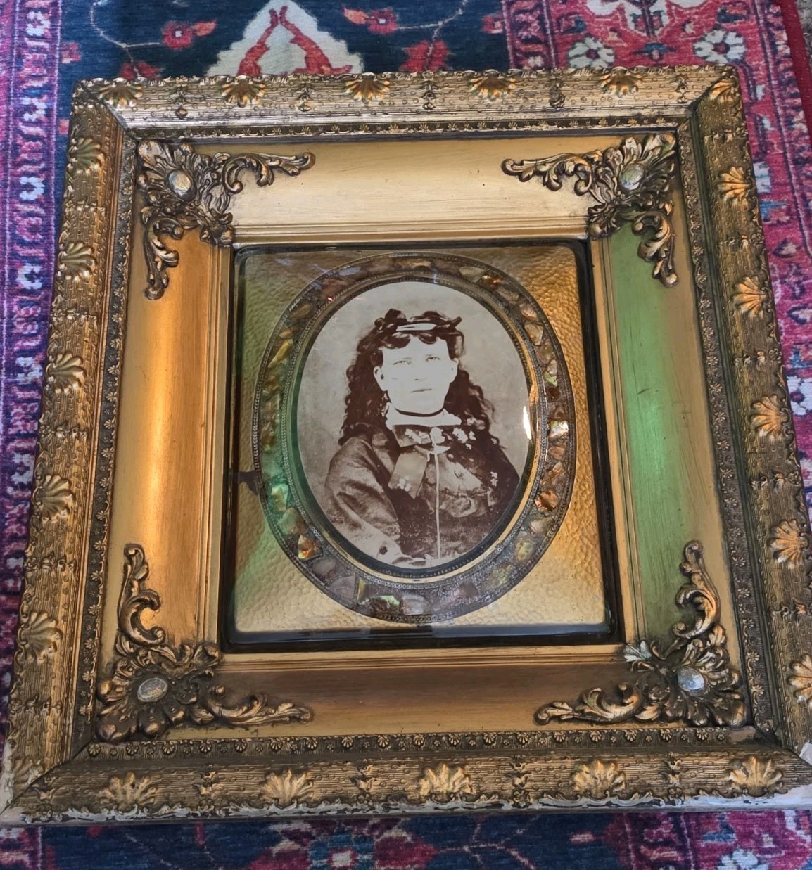 Antique Victorian Shadowbox Framed Albumen Portrait Mother of Pearl Inlay 20x18