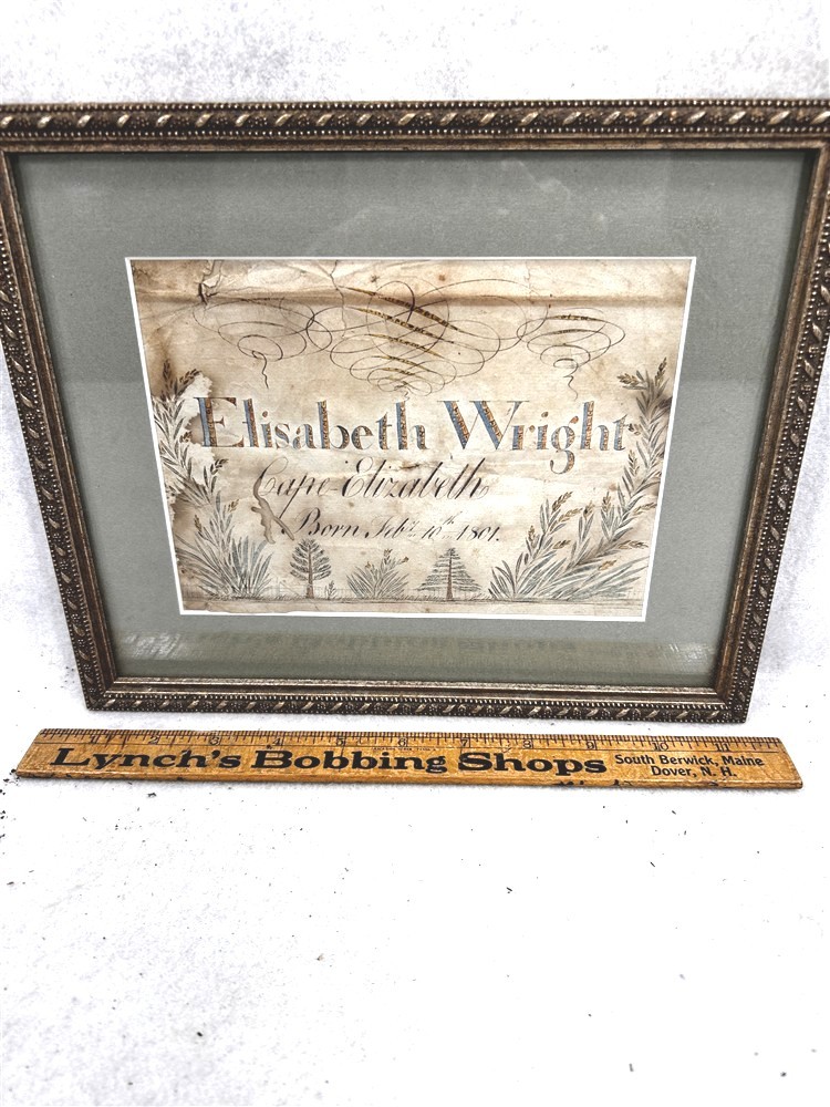 antique framed birth announcement 1801 calligraphy Wright Cape Elizabeth