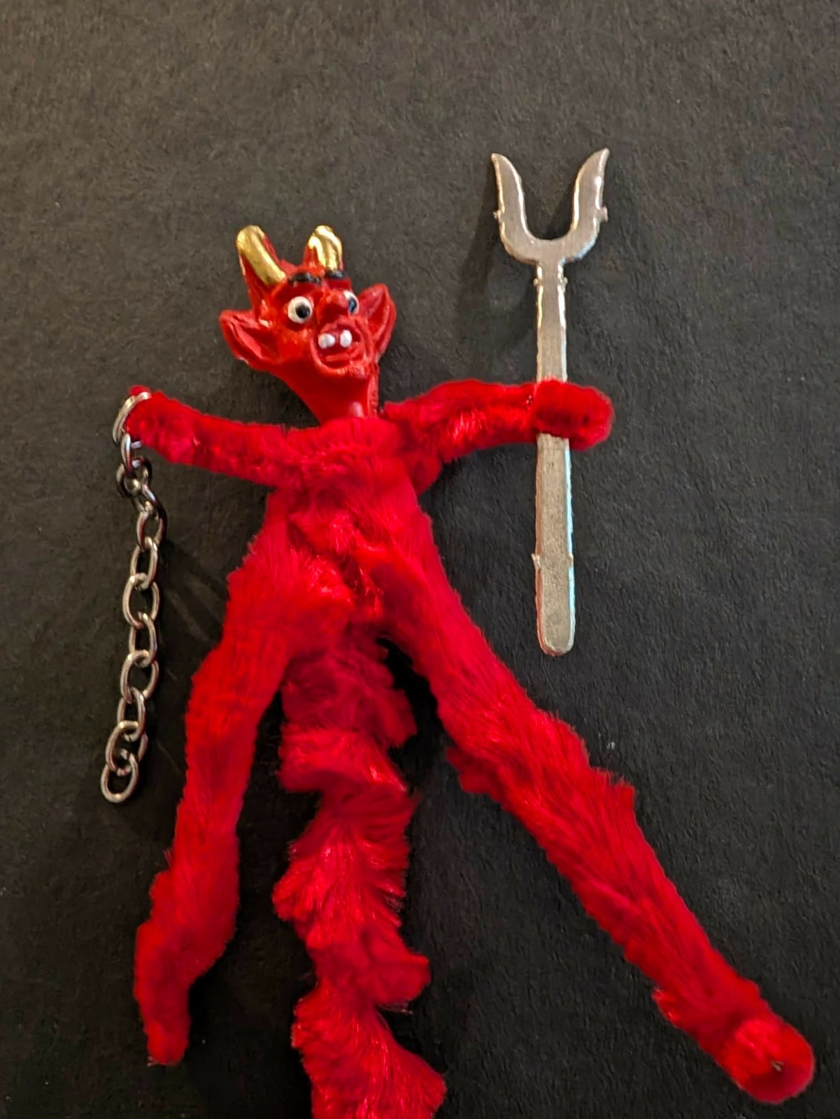Vtg German Halloween Chenille Composition RED DEVIL Figure Pitchfork Chain 10
