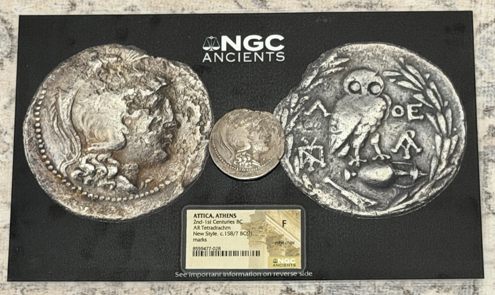 Attica Athens AR Tetradrachm New Style 158/7 BC NGC F Athena Owl Attica Athens AR Tetradrachm New Style 158/7 BC NGC F Athena Owl