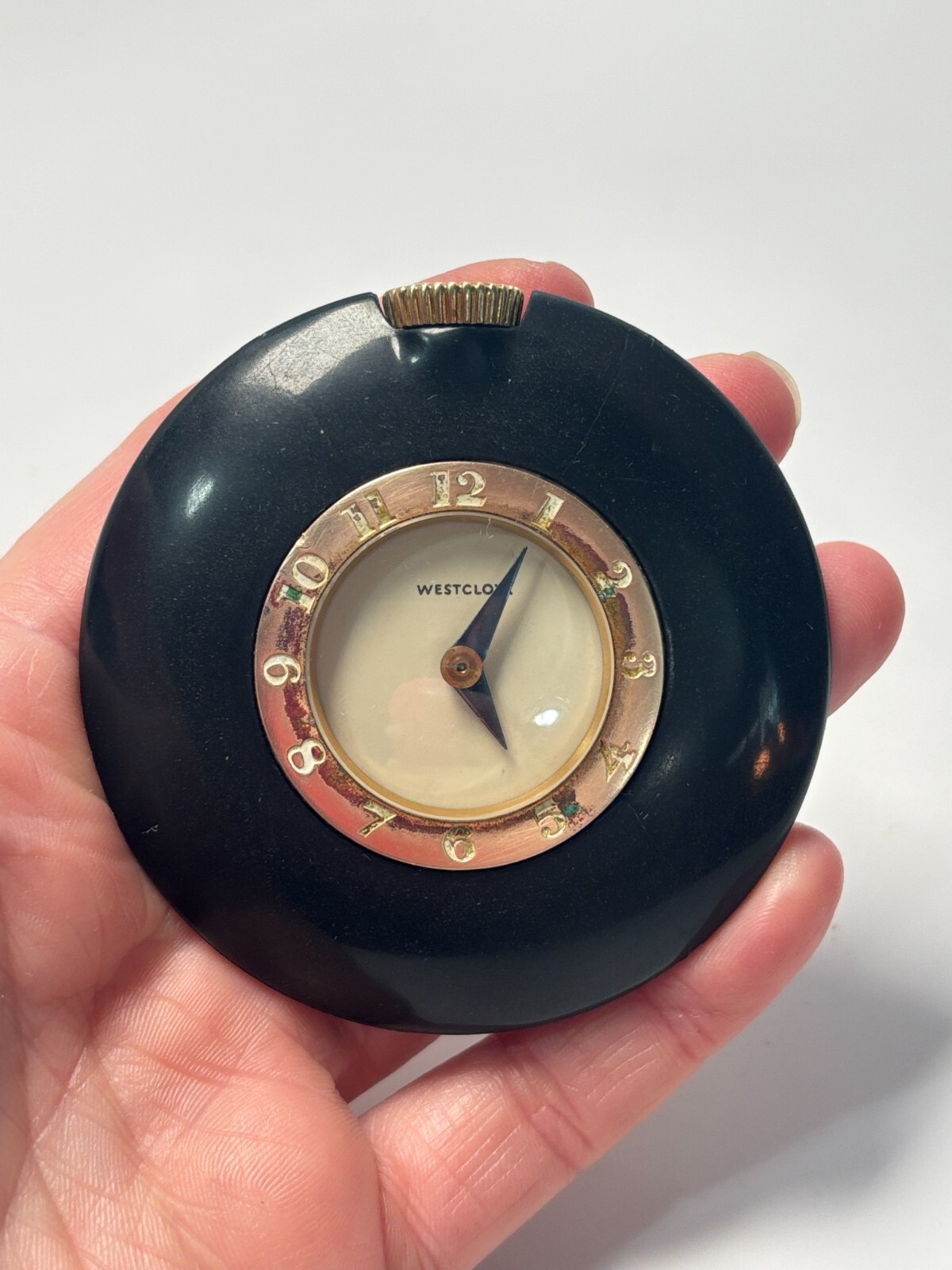 WORKS VTG 1930's WESTCLOX Art Deco Black Bakelite Pocket Watch Style Purse Clock