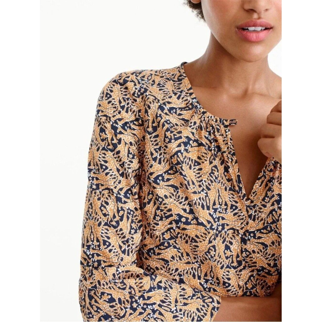 Drake\'s for J.Crew Giraffe Print Bell Sleeve Cotton Blouse Preppy Classic 8