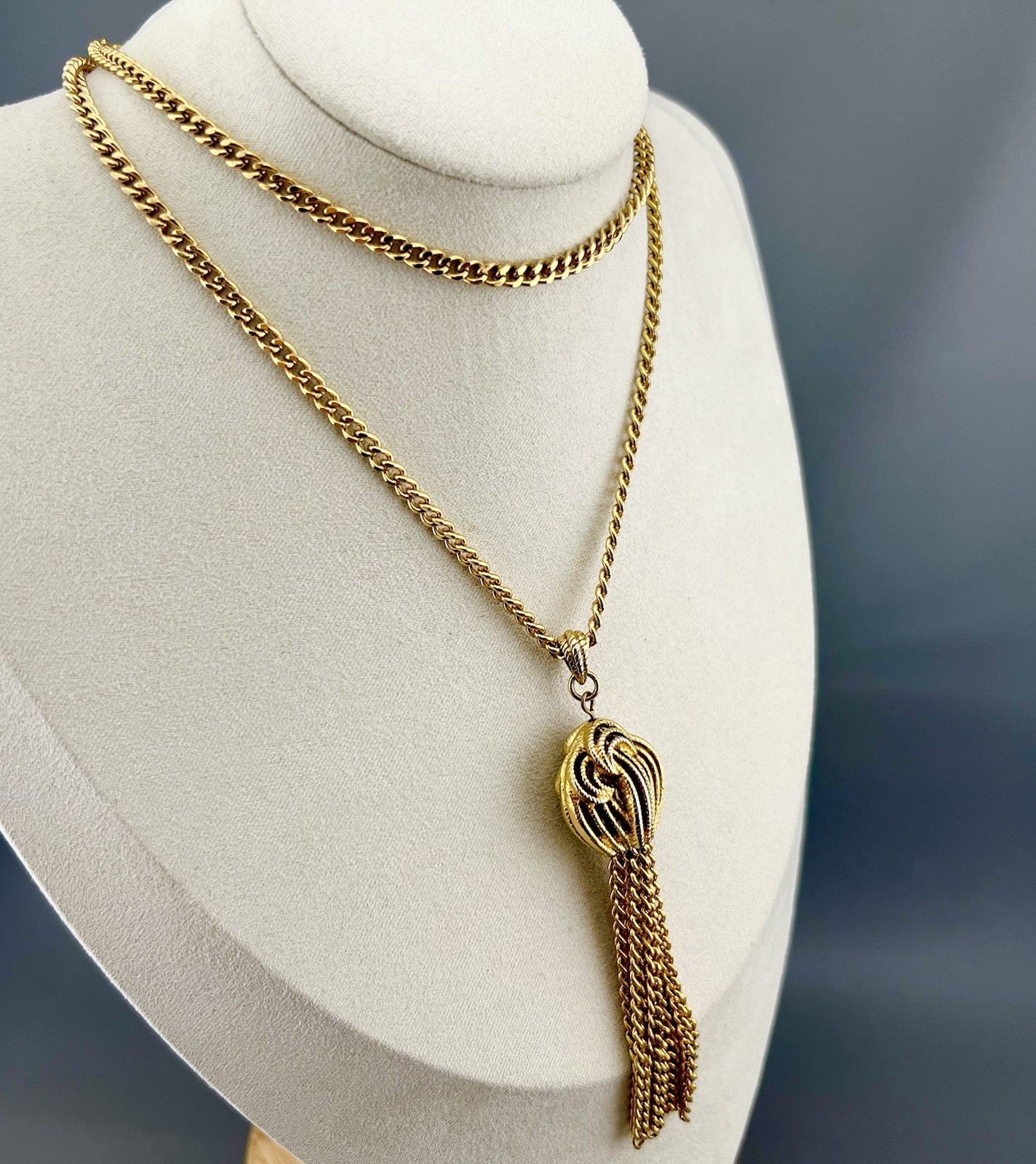 Vintage Monet Necklace Multi Chain Tassel Pendant Gold Tone Signed 25”