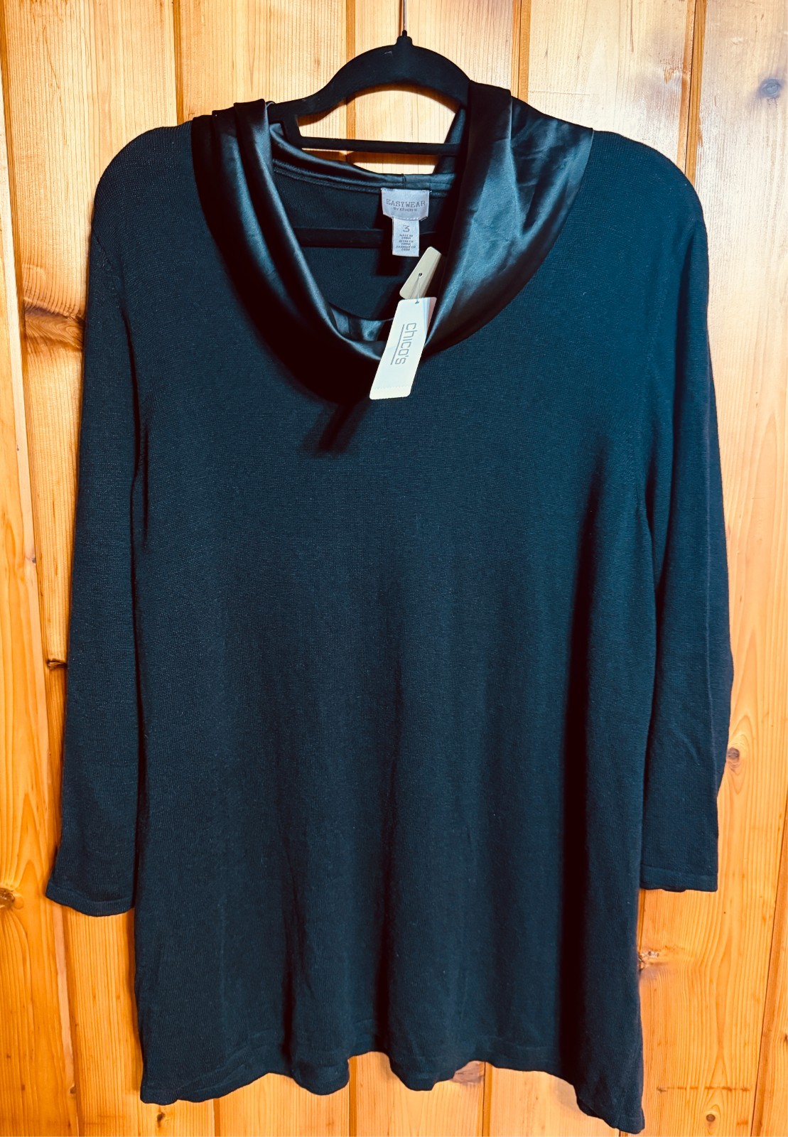 Chico’s  Easywear Knit Sweater US Size 16 XL Tunic Top Black Satin Cowl Neck New
