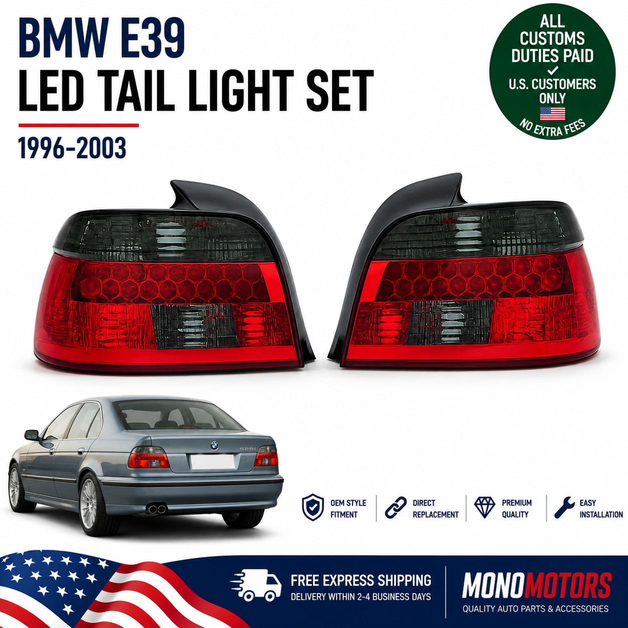 LED TAIL LIGHT SET FOR BMW E39 5 SERIES 1996-2003 DARK SMOKED LEFT RIGHT