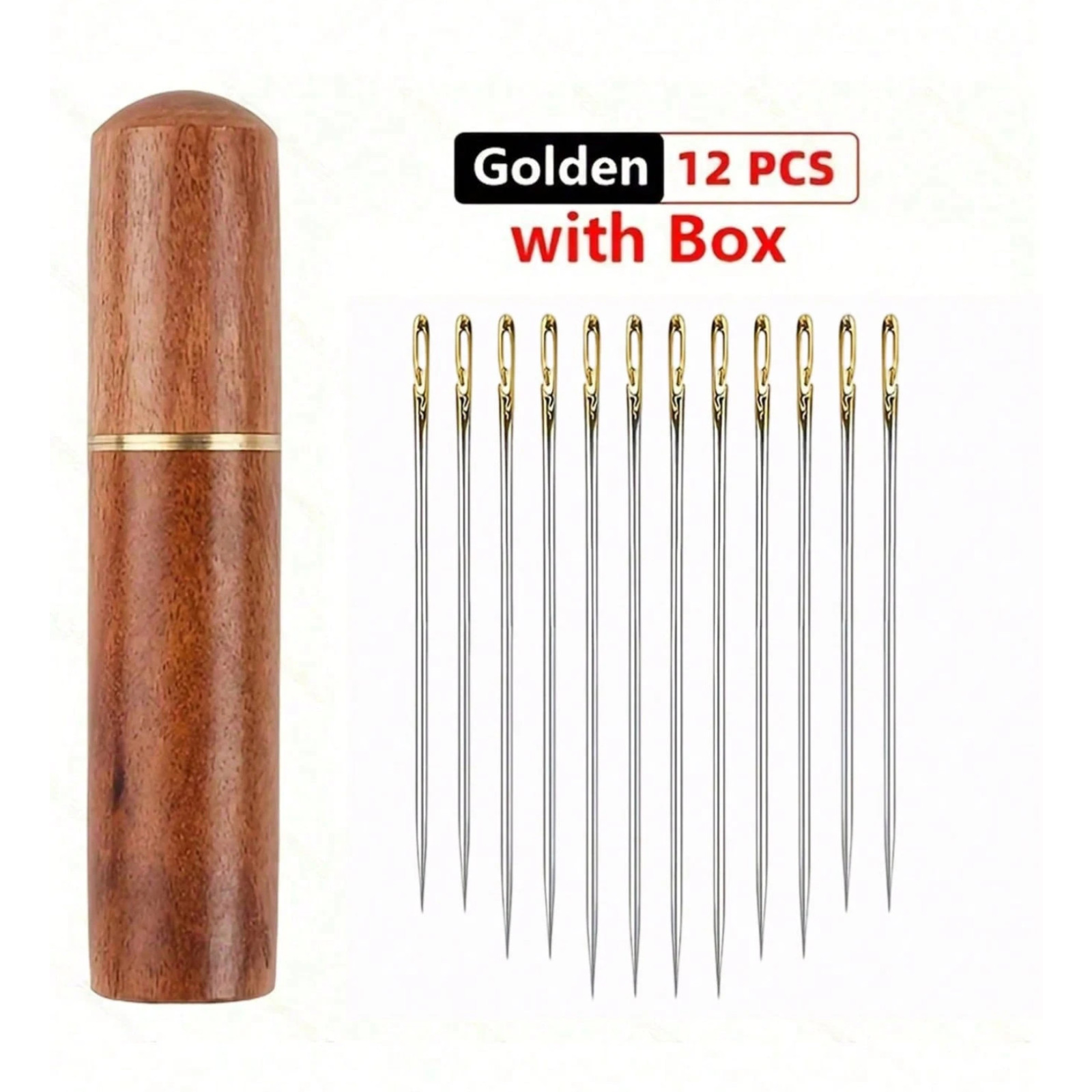 Sewing Needles 12pc Stainless Steel Large Eye Hand Needle with Wooden Case Craft
