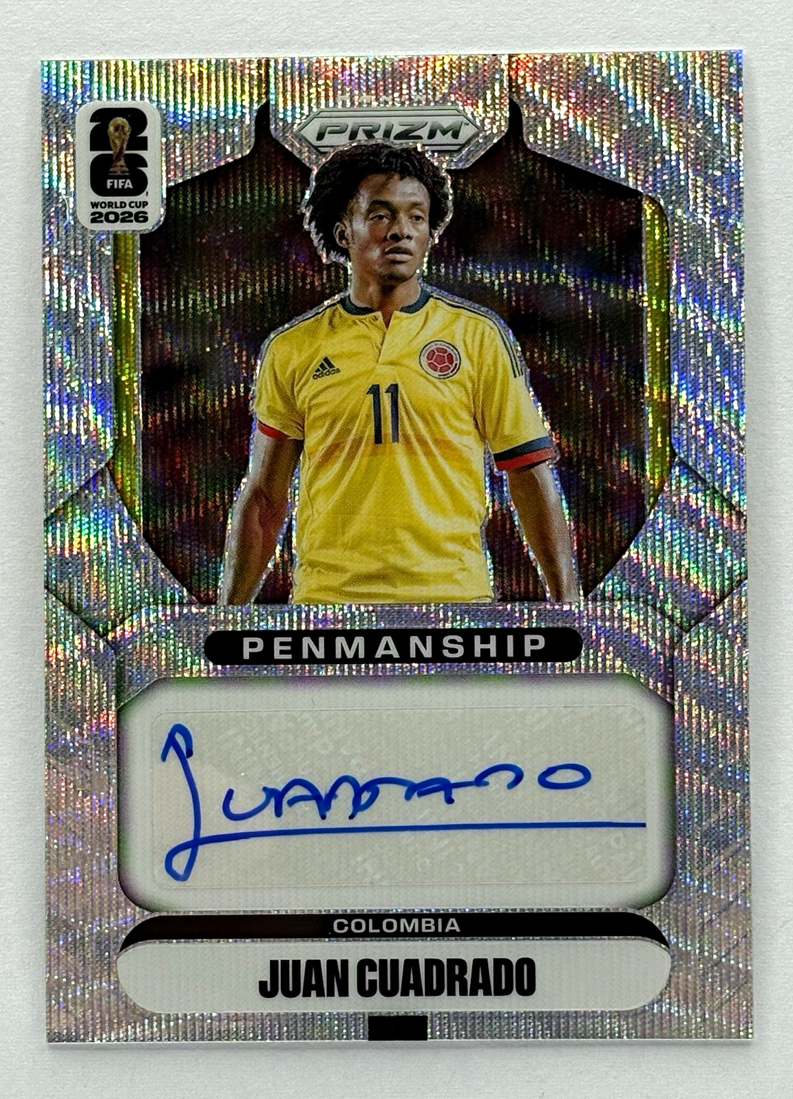 Juan Cuadrado 2026 Prizm World Cup Penmanship Silver Wave Auto Colombia P-JC Juan Cuadrado 2026 Prizm World Cup Penmanship Silver Wave Auto Colombia P-JC