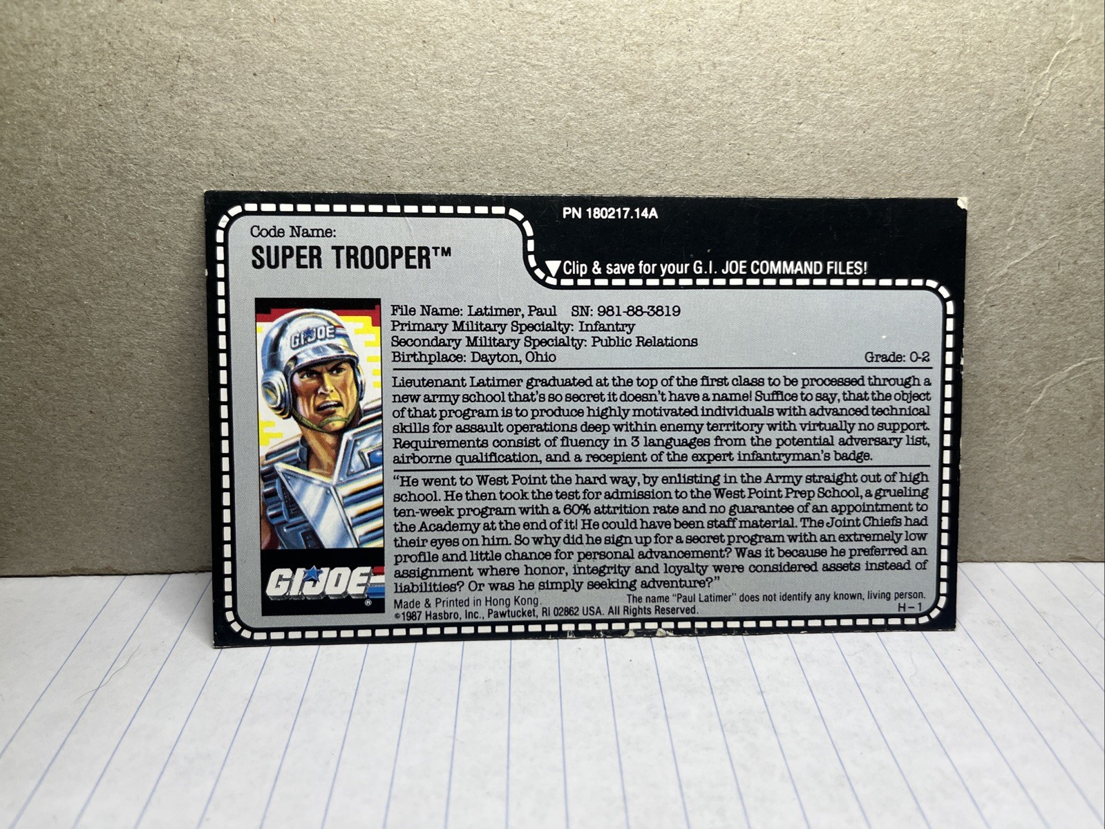 1988 Gi Joe SUPER TROOPER File card. Very Good Shape