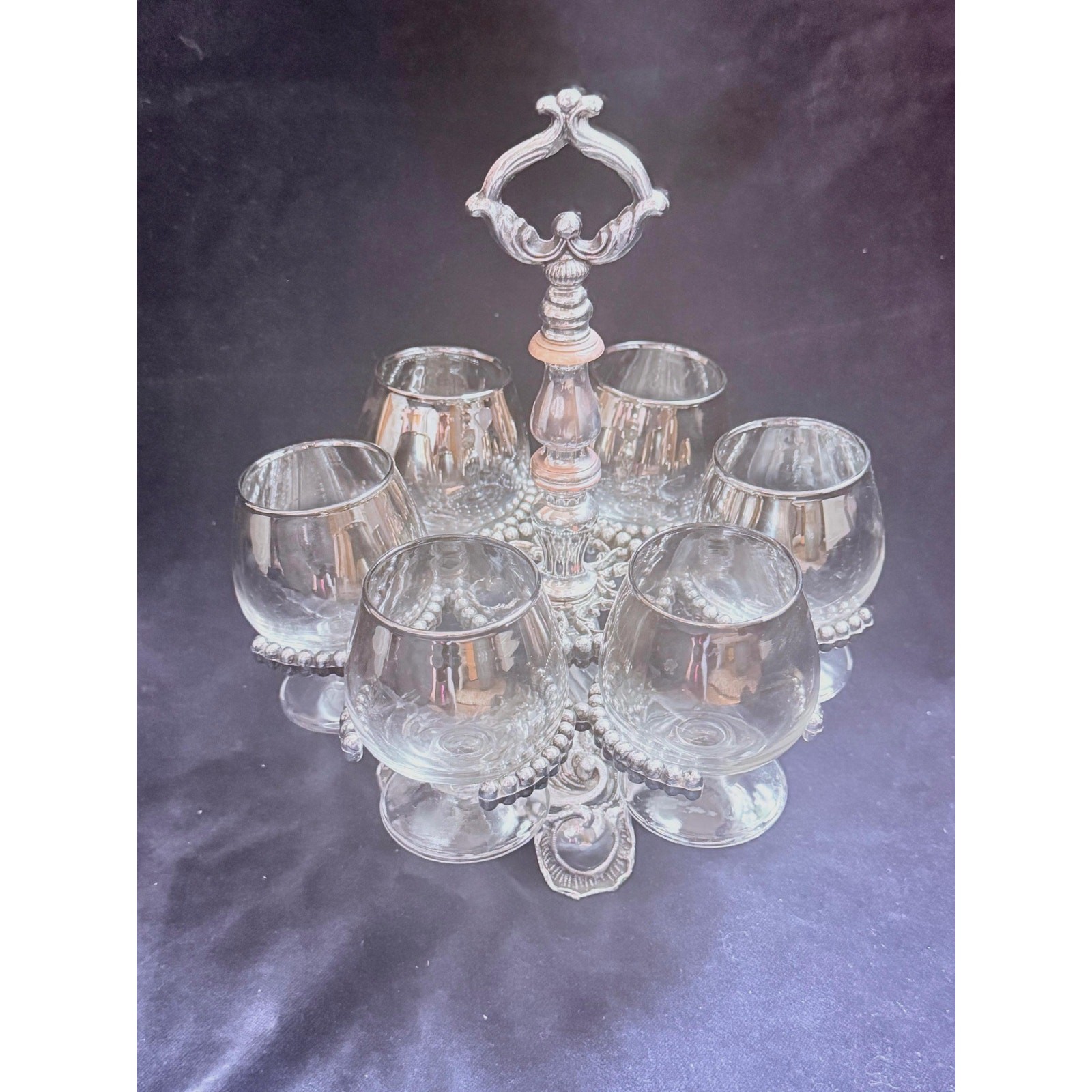 Vintage MCM Silver Fade Snifter Set with Ornate Caddy 1960s Hollywood Regency