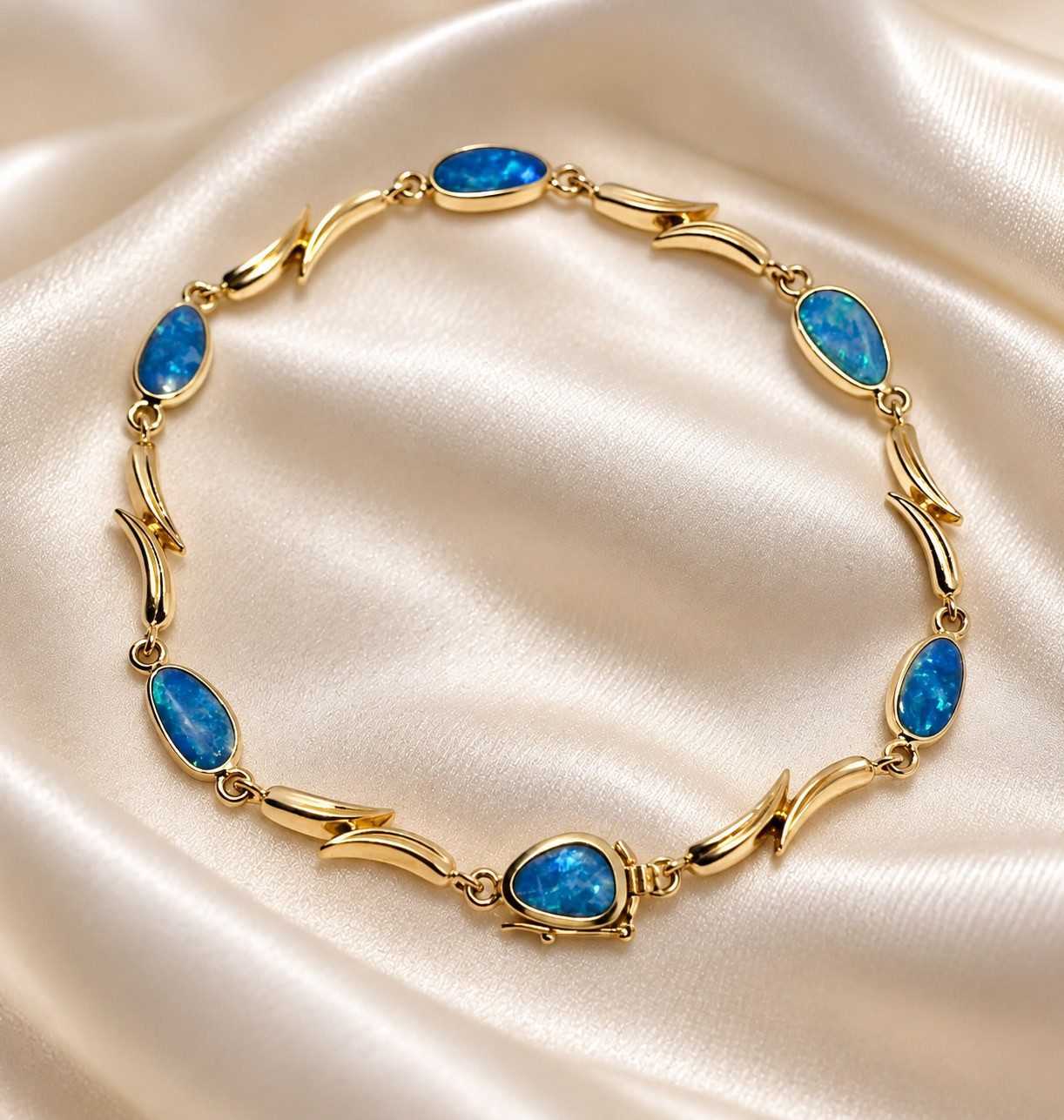 Vintage 14K Gold Australian Opal Bezel-Set Fancy Link Bracelet 7\