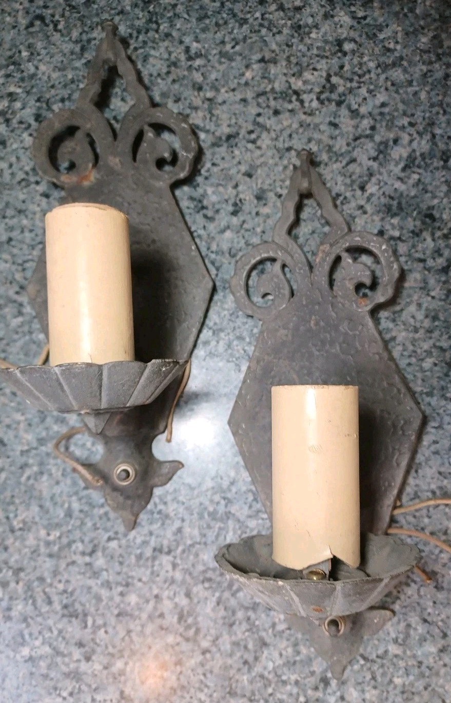 Pair Antique 1920s Spanish Revival Cast Iron Wall Sconce Lights As Found