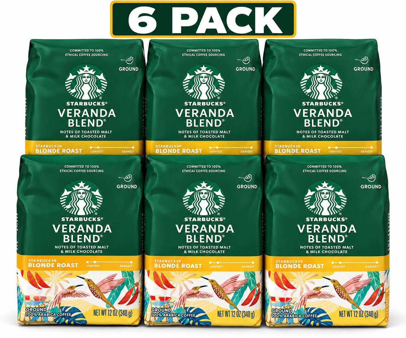 LOT OF 6 Starbucks Veranda Blend, Ground Coffee Blonde Roast 12oz EACH LOT OF 6 Starbucks Veranda Blend, Ground Coffee Blonde Roast 12oz EACH