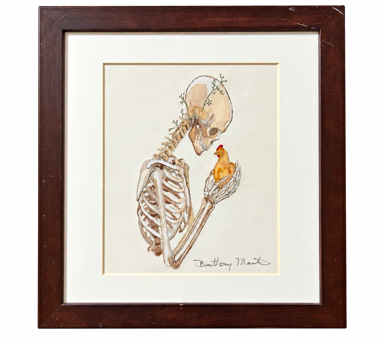 Brittony Martin Signed OOAK Skeleton Holding Chicken Drawing Framed COA Brittony Martin Signed OOAK Skeleton Holding Chicken Drawing Framed COA