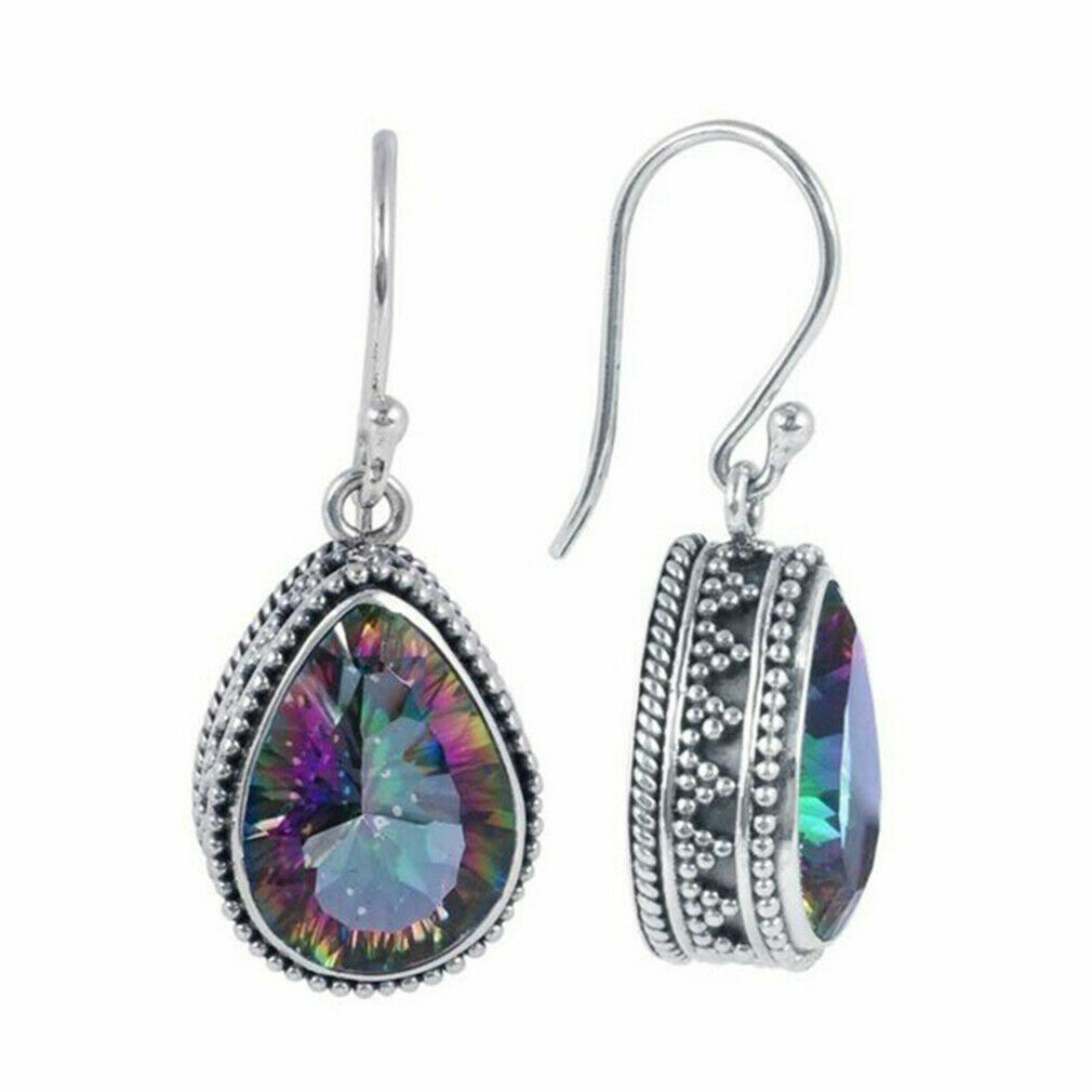 Elegant Handmade Rainbow Mystical Fire Topaz 925 Sterling Silver Hook Earrings