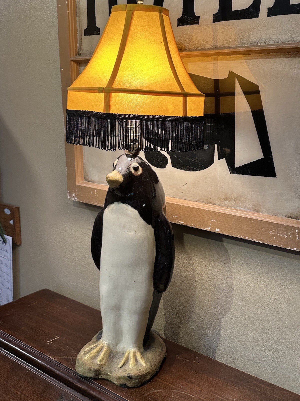 Whimsical VTG 1940's Art Deco Large Penguin Chalkware/Plaster Table Lamp w/Shade