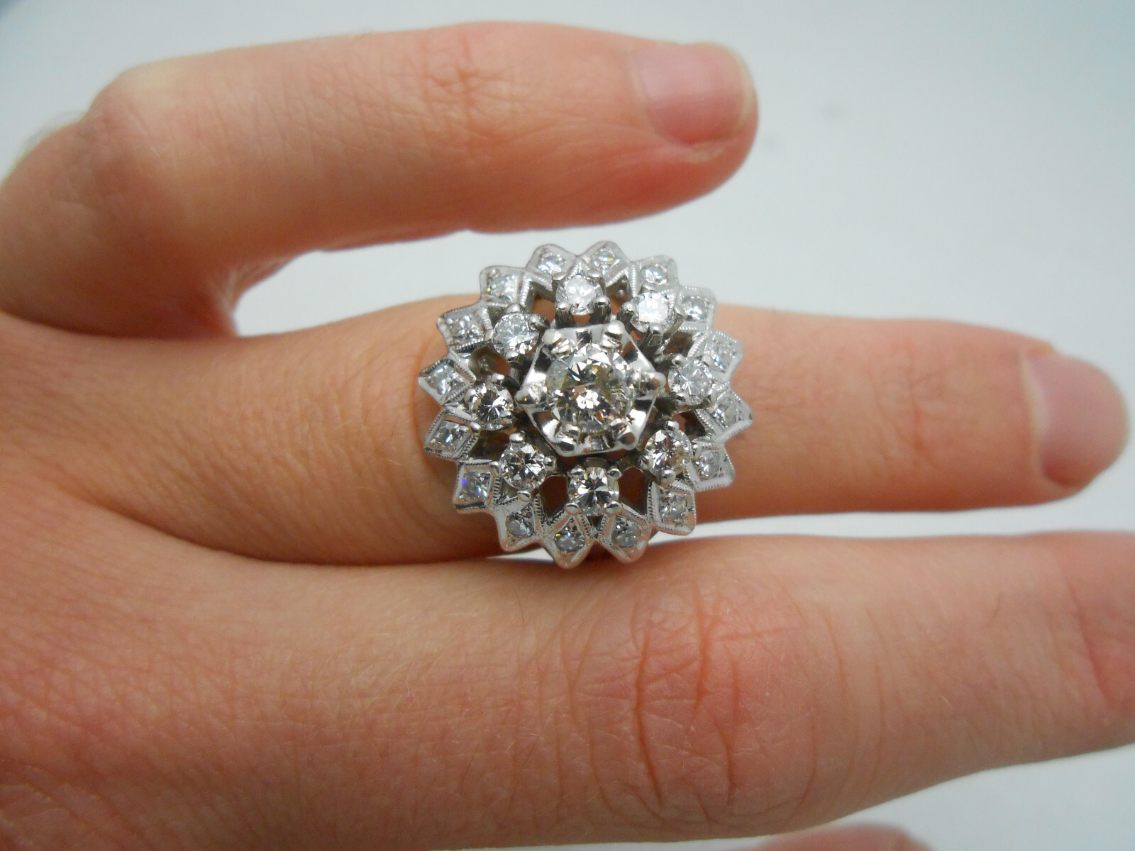 Gorgeous Estate Large Round Diamond Cocktail Ring 14k Solid White Gold Size 7.5