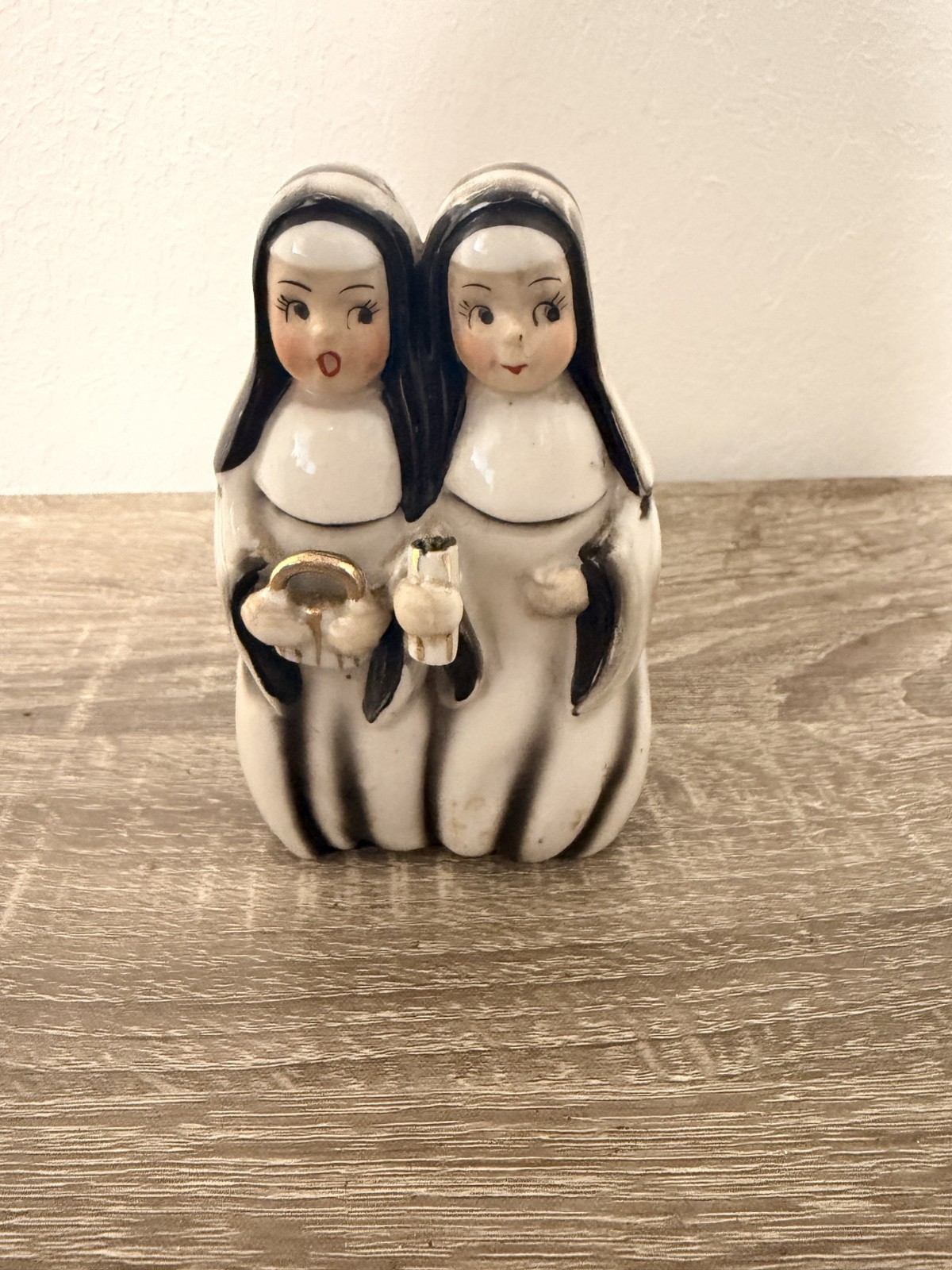 vintage mid-century ceramic double-nun novelty planter or vase, japan?
