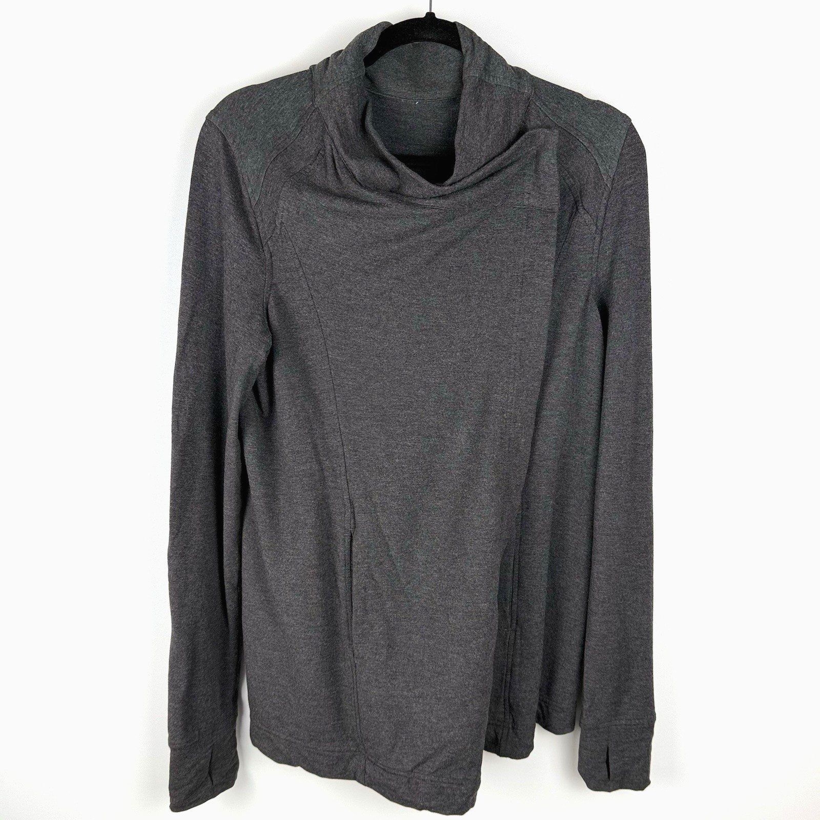 Lululemon Coast Wrap Cardigan Jacket Sz 8 Heathered Mod Black Gray Drape