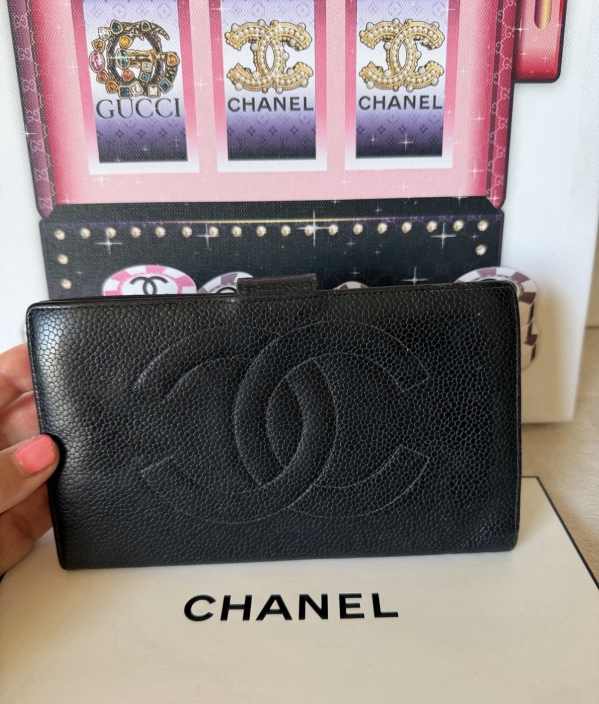 Authentic Vintage Chanel Black Caviar Leather Large CC Logo Wallet